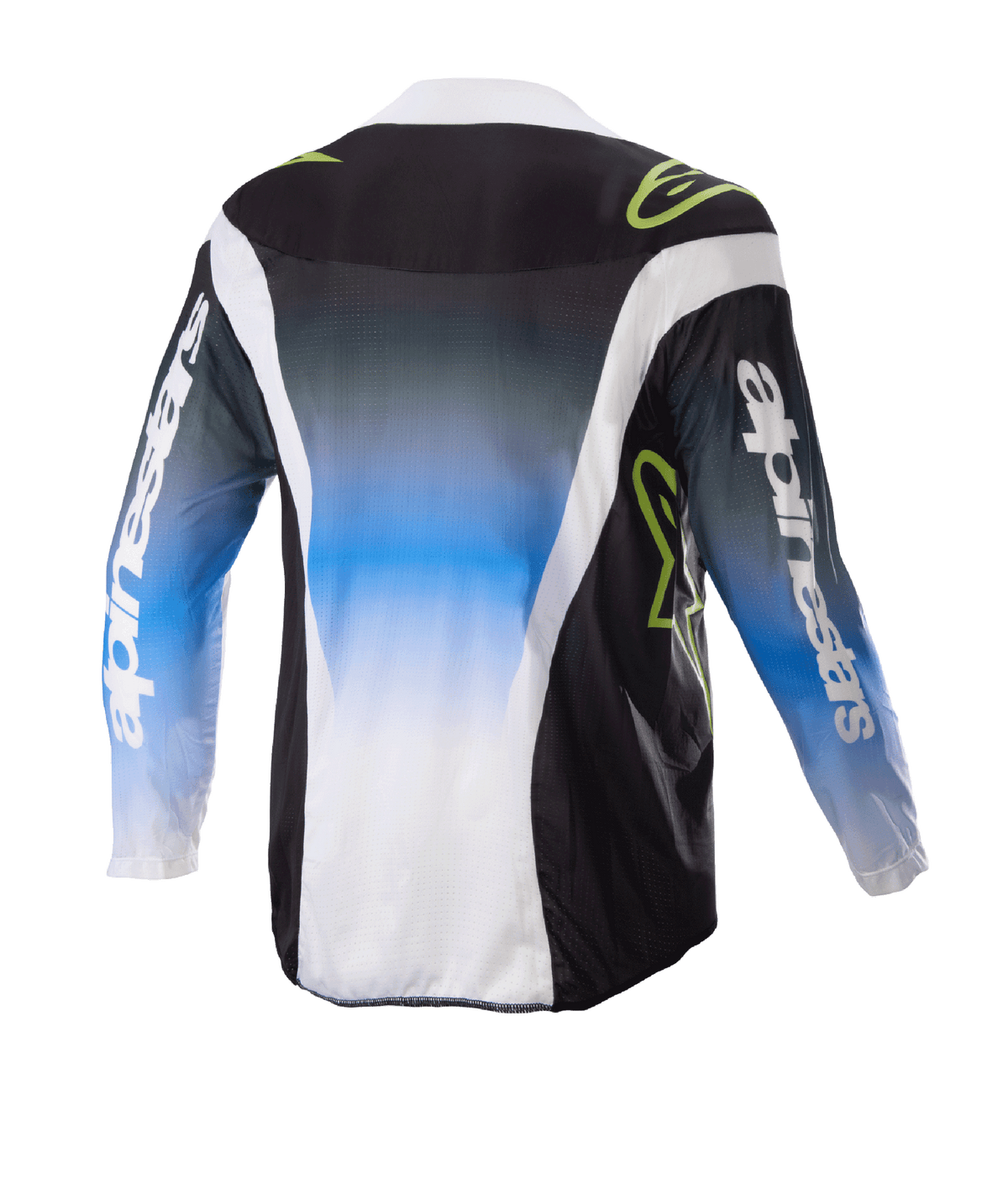 Alpinestars Kids 2023 Racer Push Jersey, Motocross Jersey, Nightlife UCLA Blue White and Black, rear view showing a blue-to-white gradient center, lime green logos, and white side accents, long sleeve off-road riding apparel.