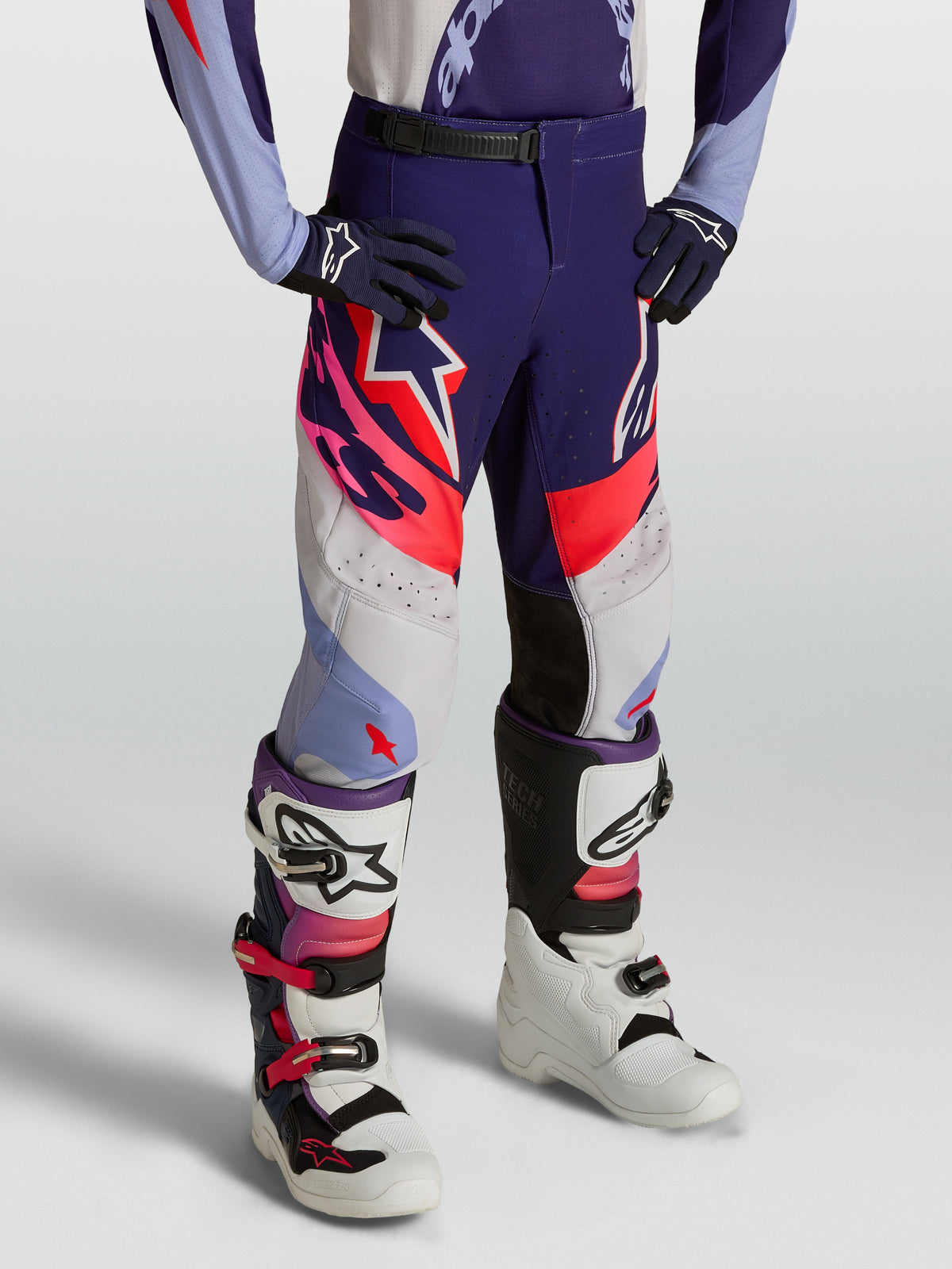 Alpinestars Youth Supertech Dyna Pants, purple and pink fluo motocross racing pants with high-durability stretch rip-stop.