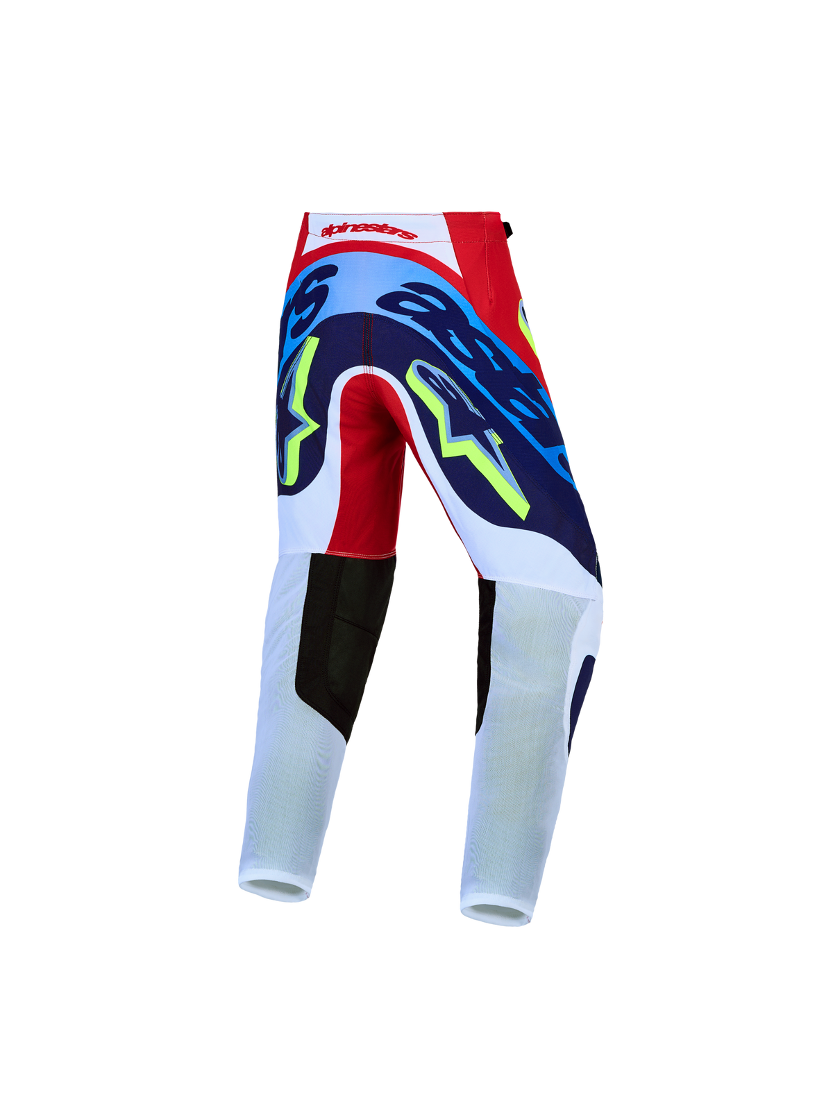Alpinestars Youth Supertech Dyna Pants for Motocross, Red, White, and Navy Blue, featuring durable 4-way stretch textile.