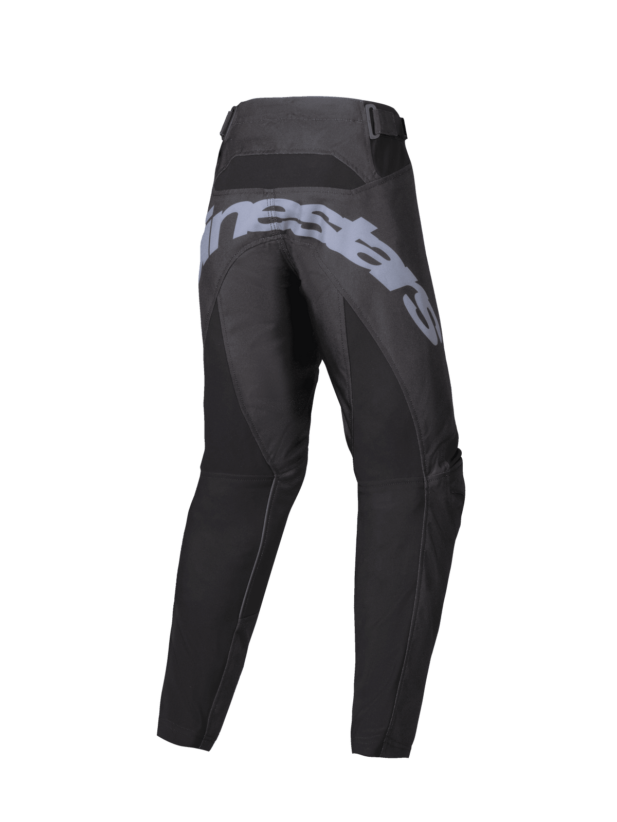 Alpinestars 2025 Youth Racer Graphite Pants, Motocross Pants, Black and Gray, rear view featuring large gray branding across the seat, pre-curved ergonomic construction, and adjustable waist straps for off-road riding