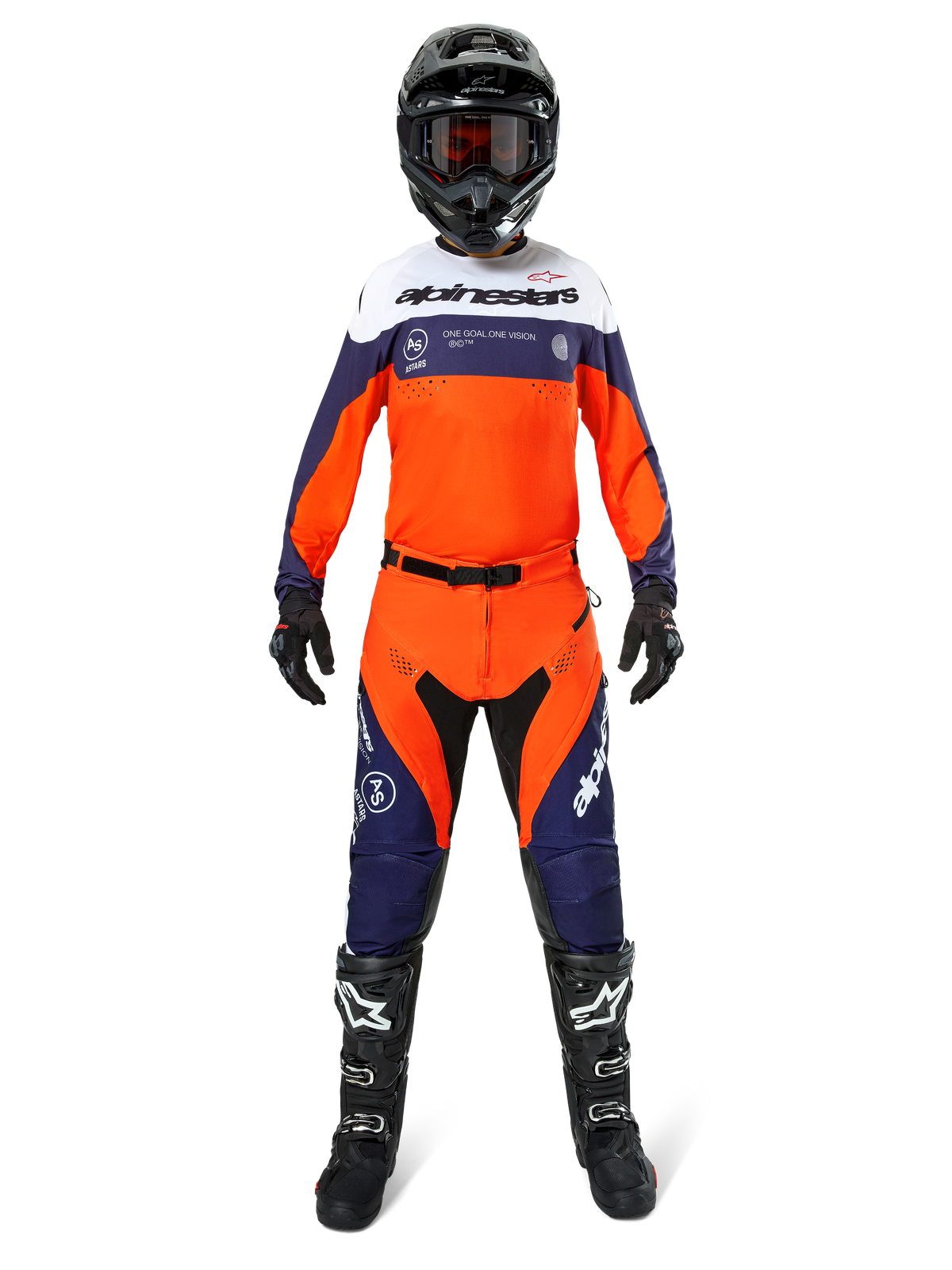 Motocross rider wearing complete Alpinestars Pro-Dura gear, Navy Hot Orange and White jersey, matching orange and navy pants, black motocross boots with white logos, black helmet and gloves, coordinated outfit for off-road racing