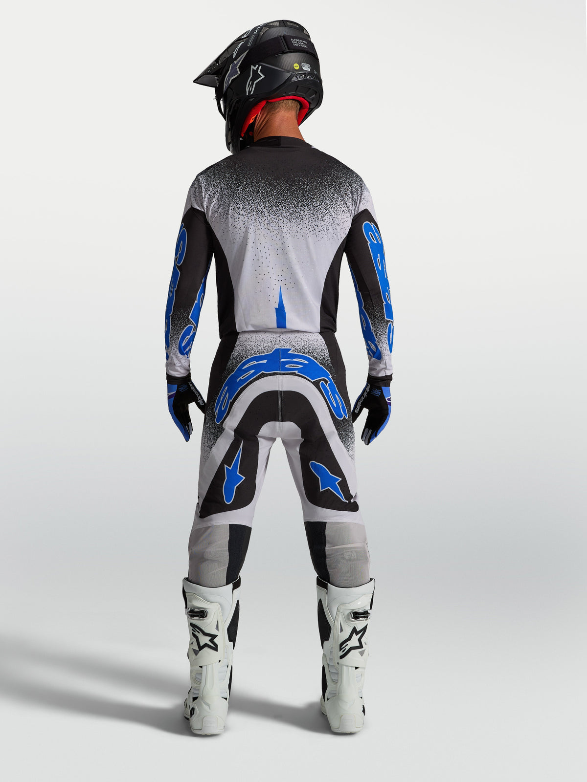 Alpinestars Supertech Hiten AFD Jersey and Gear Set, men's motocross outfit in black, white, and blue for performance.