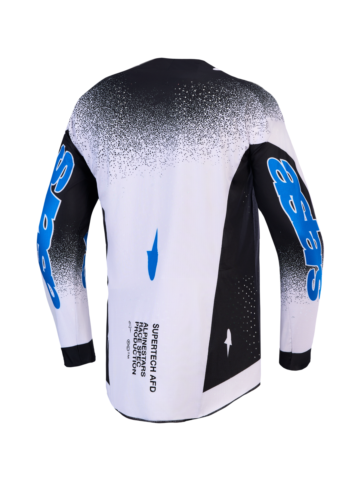 Alpinestars Supertech Hiten AFD Motocross Jersey, Men's racing fit, black and white with blue sleeve graphics, rear view.