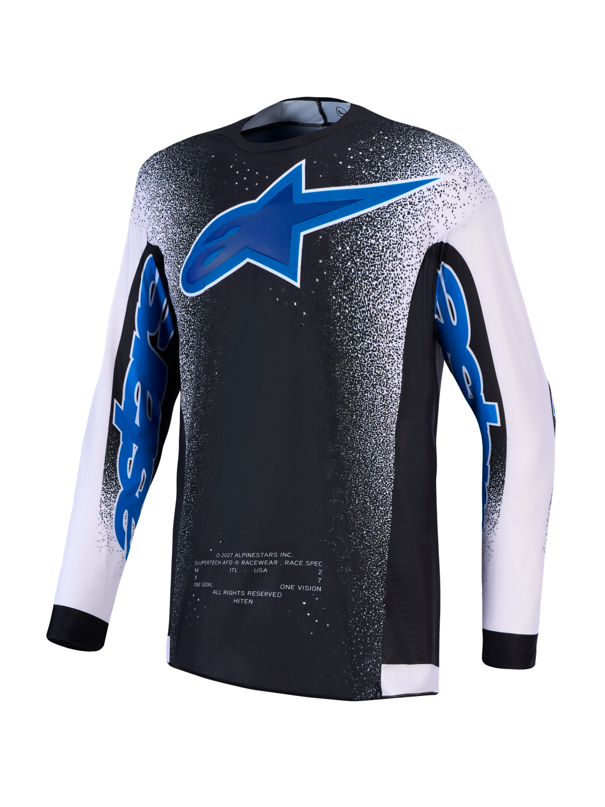 Alpinestars Supertech Hiten AFD Jersey, black and blue motocross top with white sleeves and ventilated mesh construction.