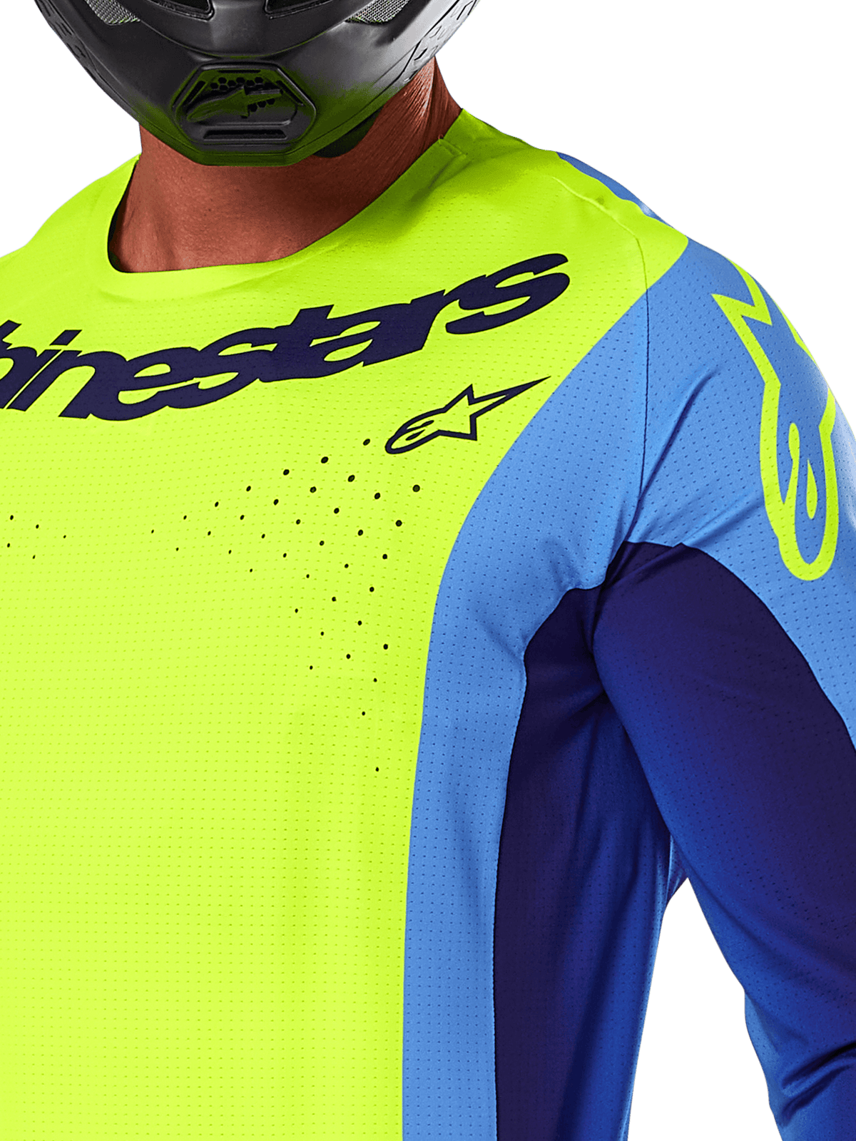 Alpinestars 2025 Techstar Melt Jersey, Motocross Jersey, Yellow Fluo and Blue, featuring laser-cut perforations and bold logo on the chest, athletic fit for off-road racing, close-up view with a black helmet
