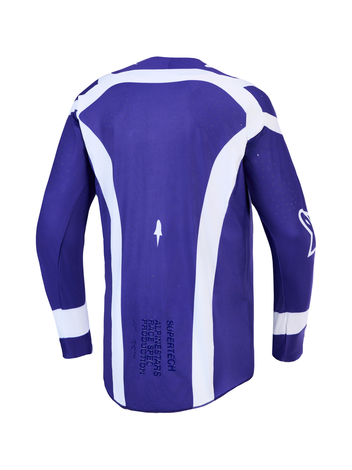 Alpinestars Supertech Vesta Jersey, men's motocross racing top, back view in deep blue and white stretch mesh fabric.