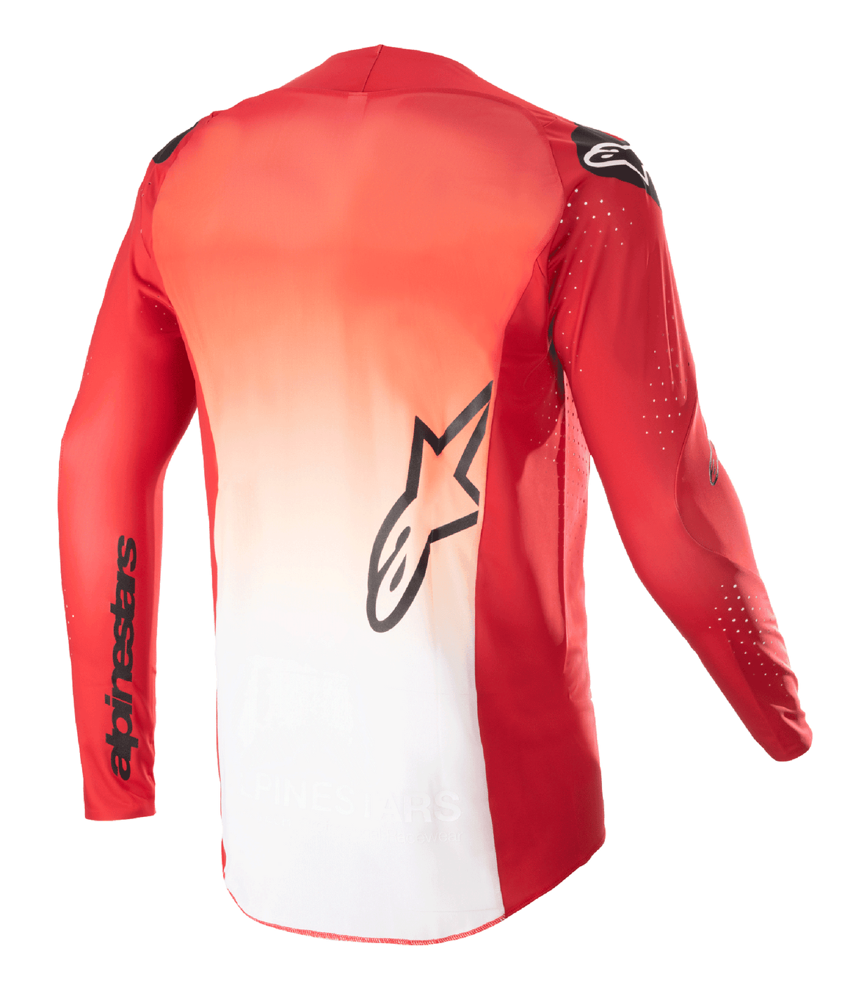 Alpinestars 2023 Supertech Risen Jersey, back view, Mars Red and White gradient design, featuring a black Alpinestars star logo on the center back and brand name on the sleeve, long-sleeve motocross jersey with laser-cut perforations for ventilation.