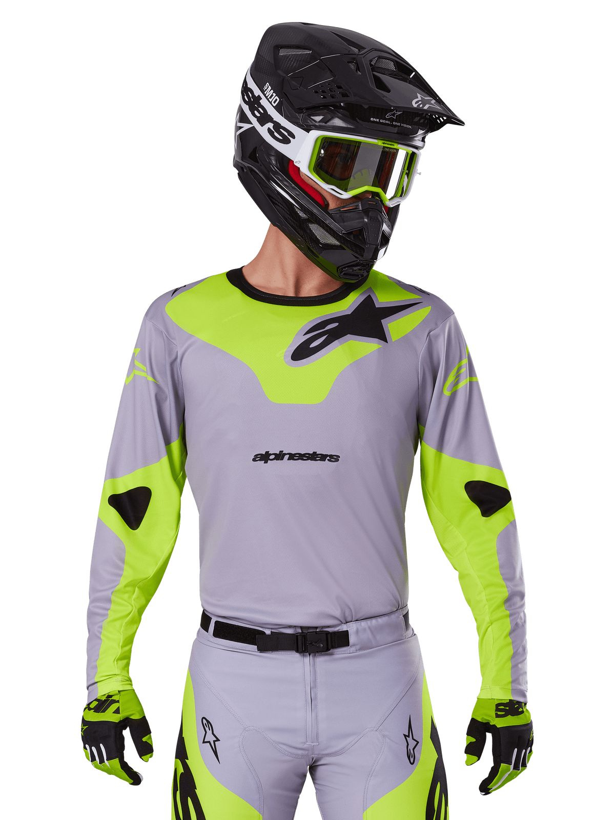 Alpinestars 2025 Racer Veil Jersey, Motocross Jersey, Gray and Neon Yellow, long-sleeve design with black Alpinestars logos, shown as part of a complete racing gear set with matching pants, black helmet, and gloves.