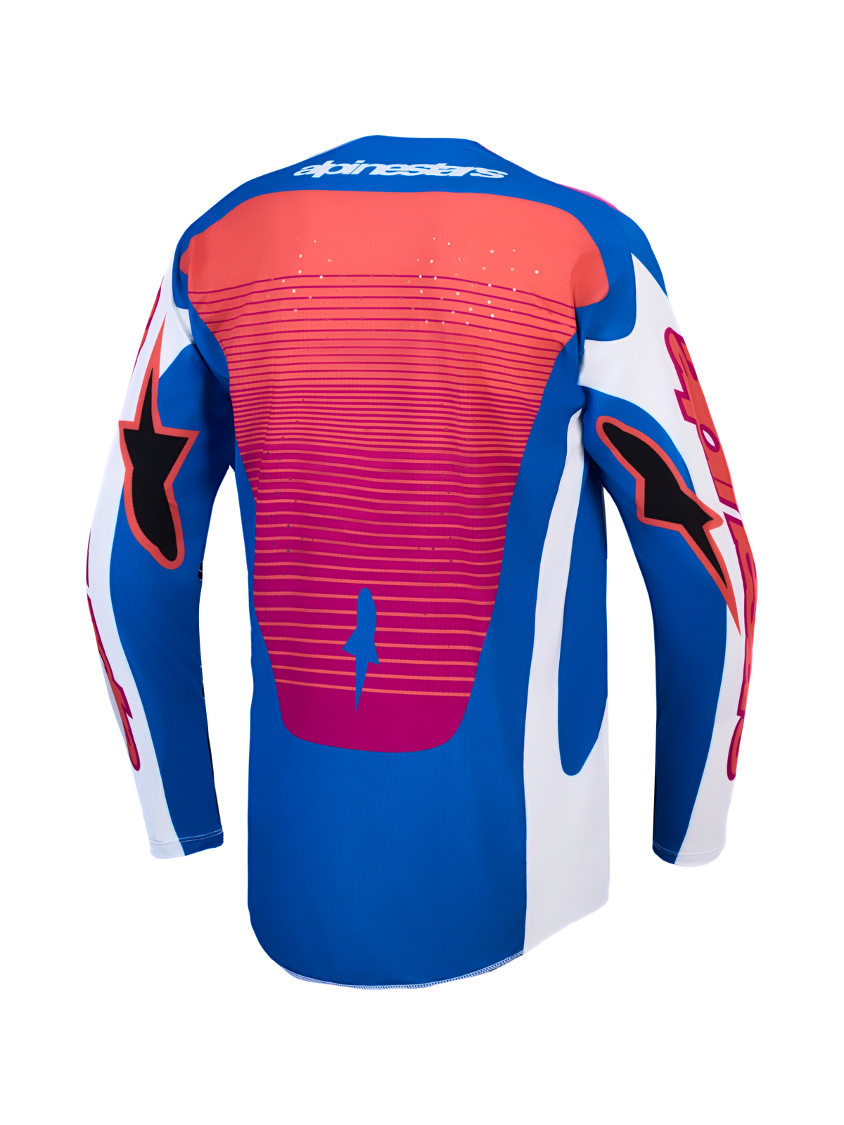 Alpinestars Techstar Maven Jersey, blue and white motocross racing jersey with coral accents and an extended rear hem.