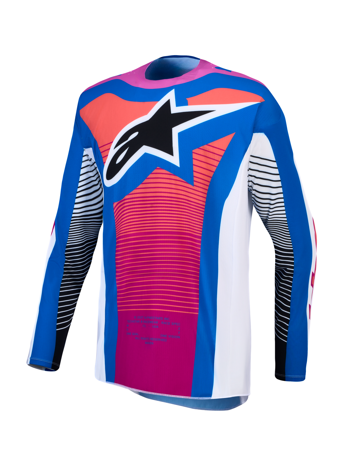 Alpinestars Techstar Maven Jersey, blue and pink performance motocross racing top with an athletic fit and star logo.