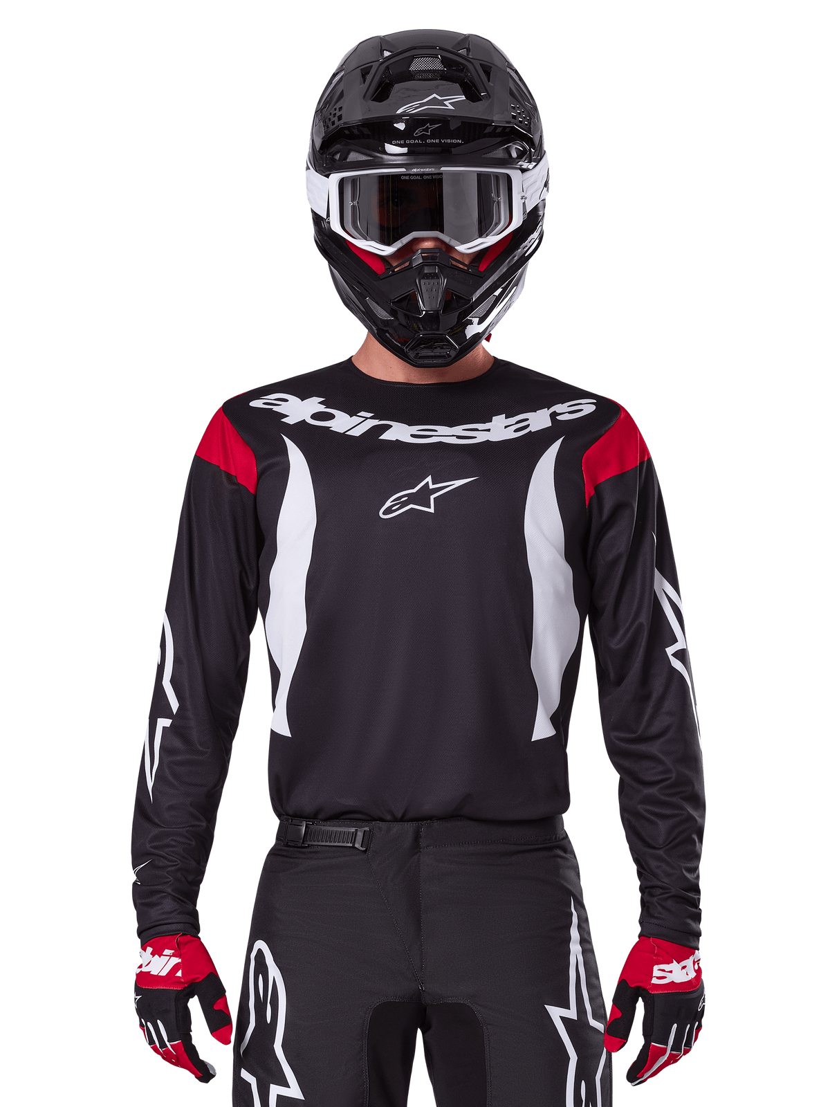 Alpinestars 2025 Fluid Haul Jersey and Gear Set for men, black and white motocross outfit with red accents.