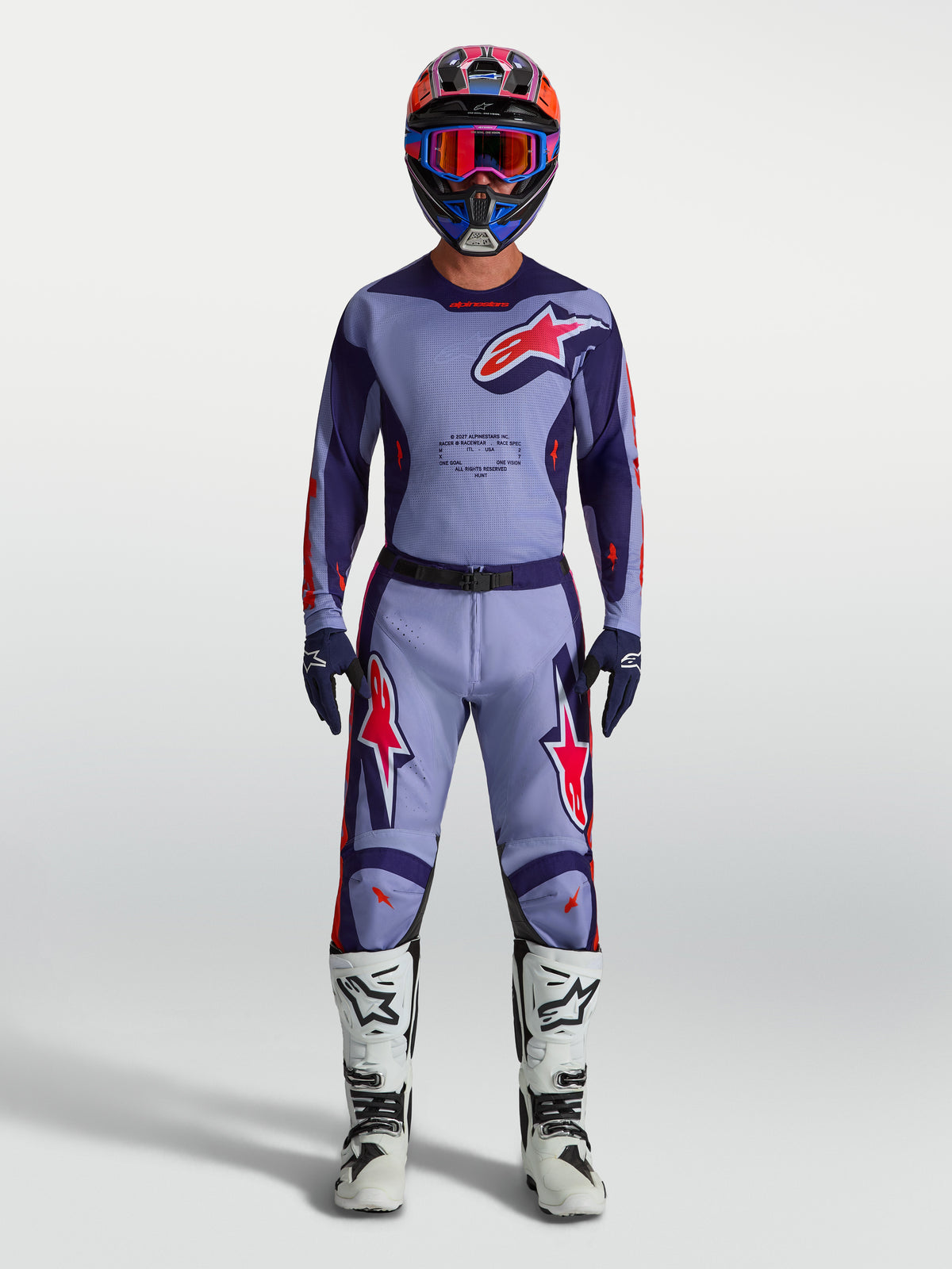 Alpinestars 2027 Racer Air Hunt Gear Set, complete motocross racing outfit in light violet, deep purple, and pink fluo, featuring a matching jersey and pants designed for off-road performance