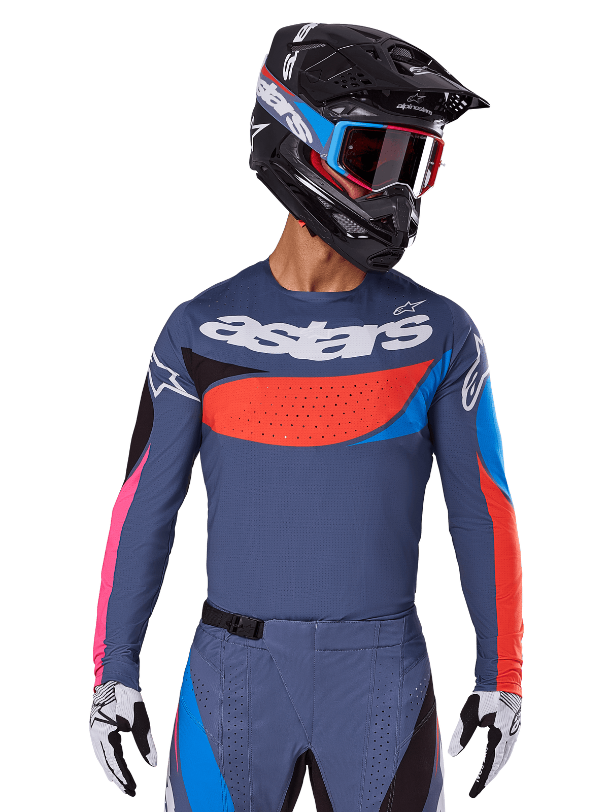 Alpinestars 2025 Techstar Dreem Jersey, Motocross Jersey, Gray with blue, red, and pink accents, featuring laser-cut perforations and large chest branding, worn with matching pants and black racing helmet
