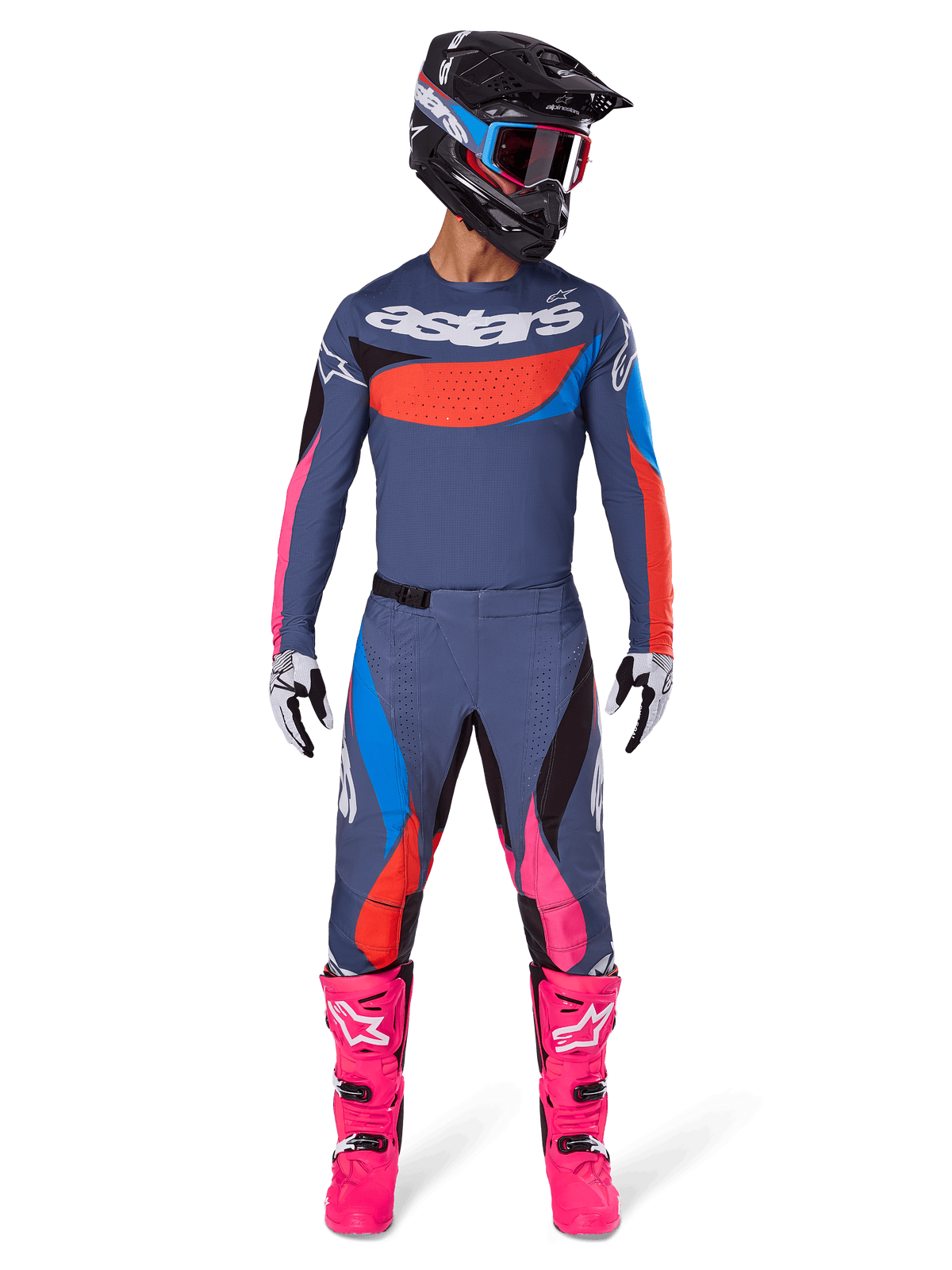 Alpinestars 2025 Techstar Dreem Gear Set, motocross rider wearing full racing gear, grayish-blue jersey and pants with vibrant pink, orange, and cyan blue accents, large 'astars' logo on chest, bright pink boots, black helmet with goggles, coordinated outfit for professional motocross