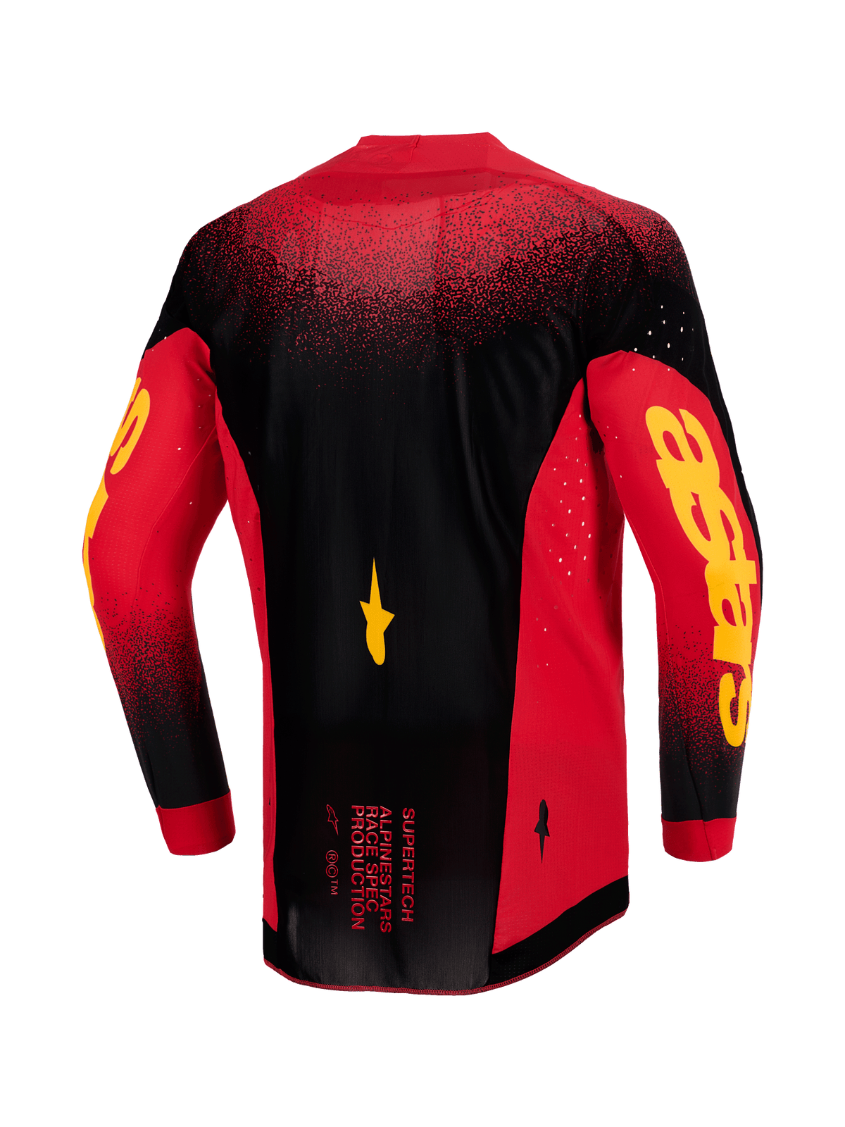 Alpinestars 2026 Supertech Scenz Jersey, Back View, Red Black and Yellow, professional motocross jersey with lightweight stretch mesh, laser-cut ventilation, bold yellow Astars branding on sleeves, and extended rear hem for racing performance