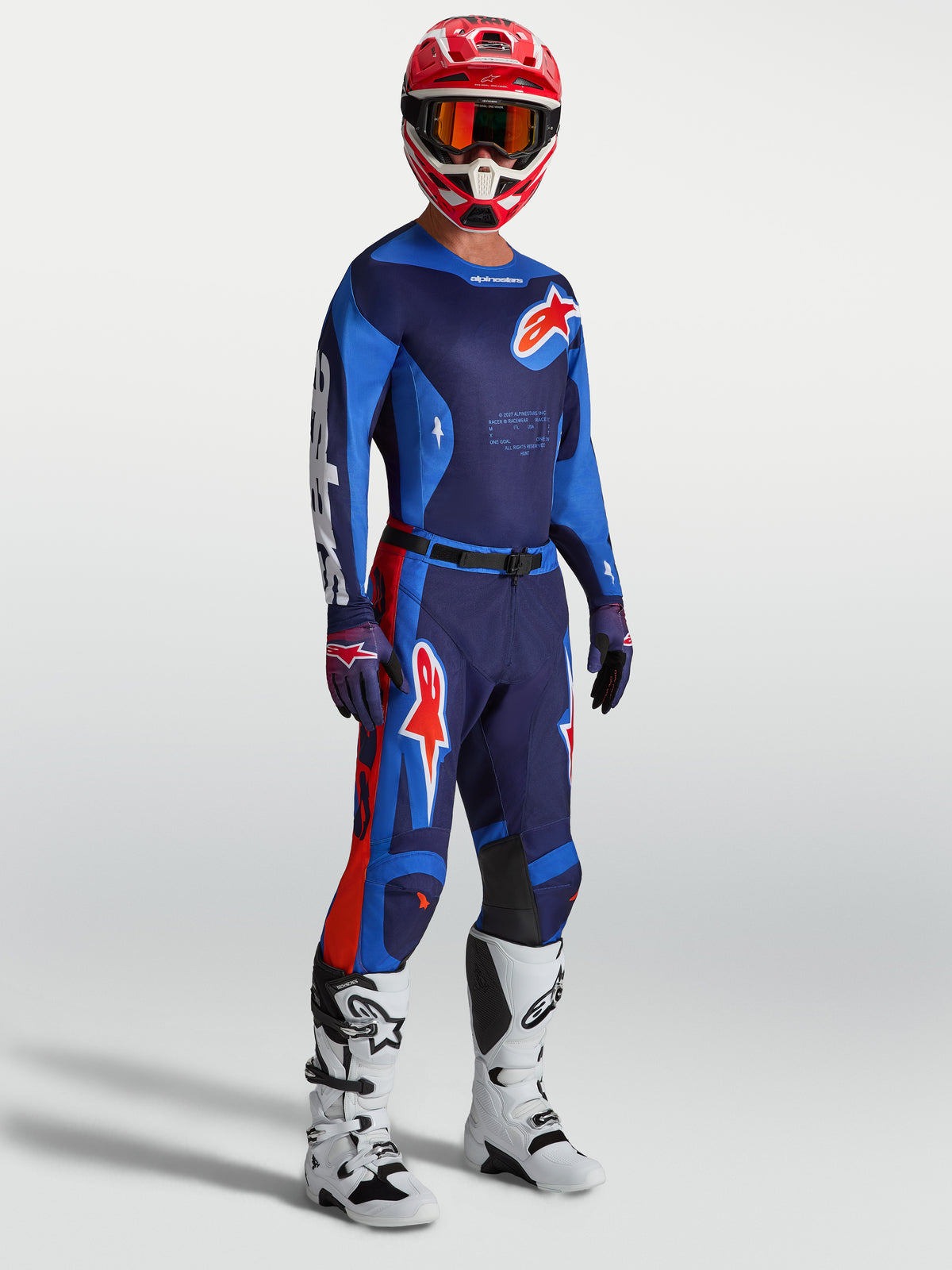 Alpinestars Racer Hunt Jersey, Men's Motocross Jersey, Strong Blue and Fire Red, moisture-wicking polyfabric with race fit.