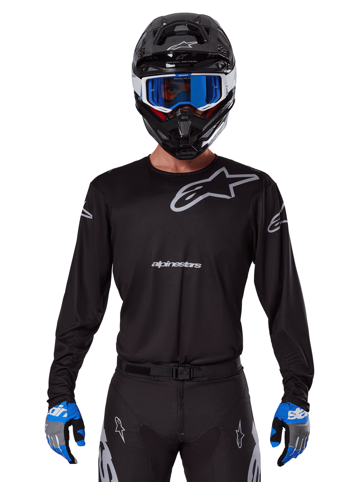 Alpinestars 2025 Racer Graphite Jersey, Motocross Racing Gear, Black with Gray logos, worn with matching black helmet, blue goggles, and blue and gray gloves, form-fitting performance design with chest and arm branding