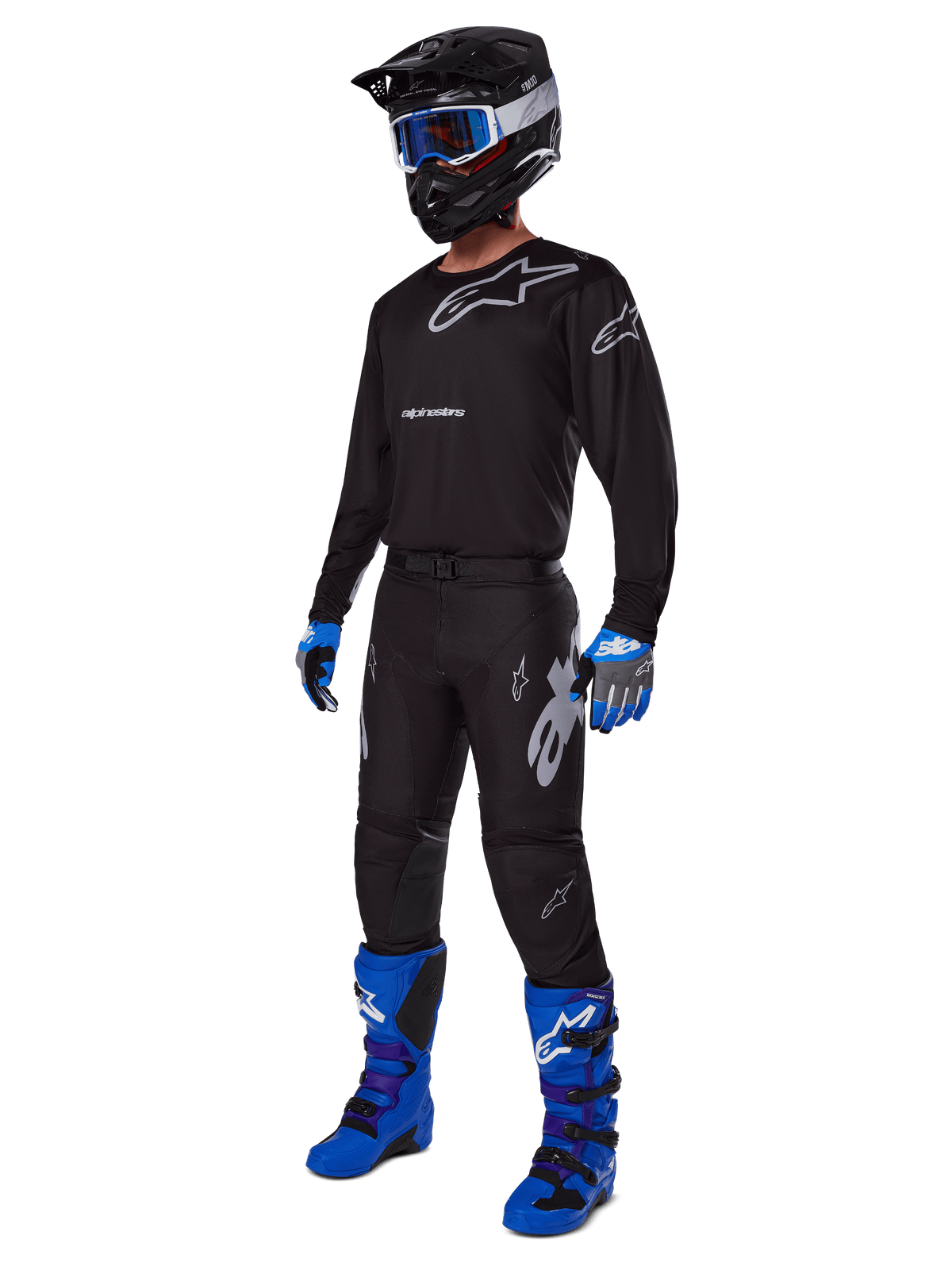 2025 Racer Graphite Gear Set, complete motocross outfit, black and gray jersey and pants with silver logos, black helmet with blue-tinted goggles, blue and black gloves, bright blue boots, professional off-road racing gear