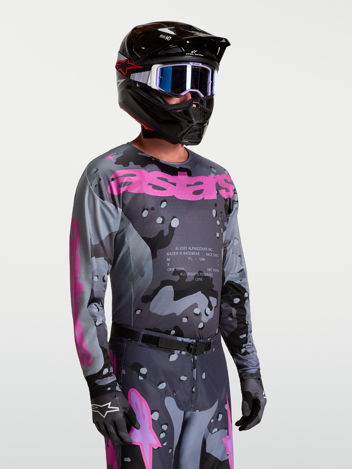 Alpinestars Racer Lone Jersey, Gray Camo and Purple, Men's Motocross riding gear shown on-model with full MX kit.