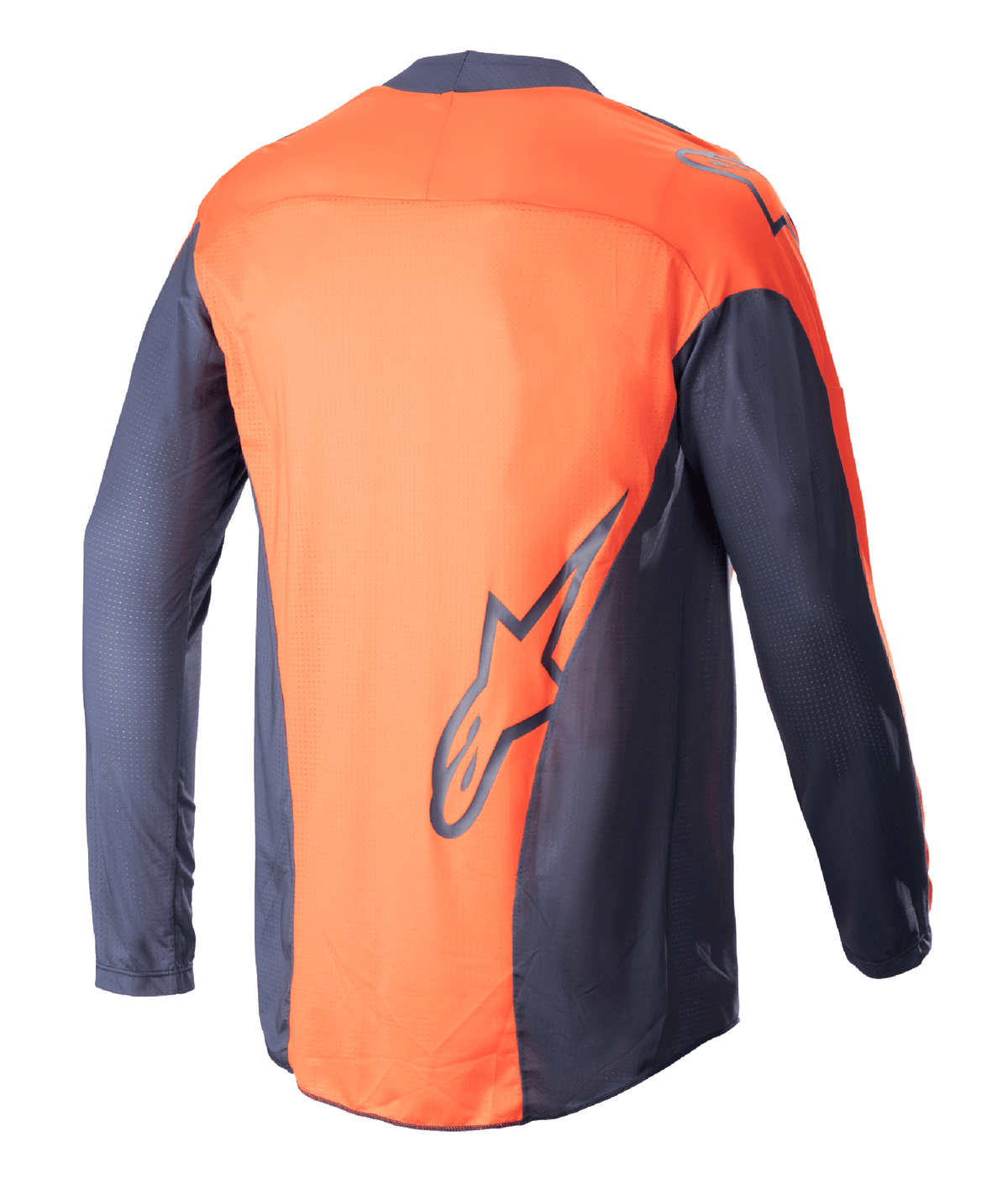 Alpinestars 2023 Techstar Arch Jersey, Motocross Jersey, Night Navy and Hot Orange, back view, lightweight mesh construction, features large navy Alpinestars logo on the lower back, extended rear for riding coverage
