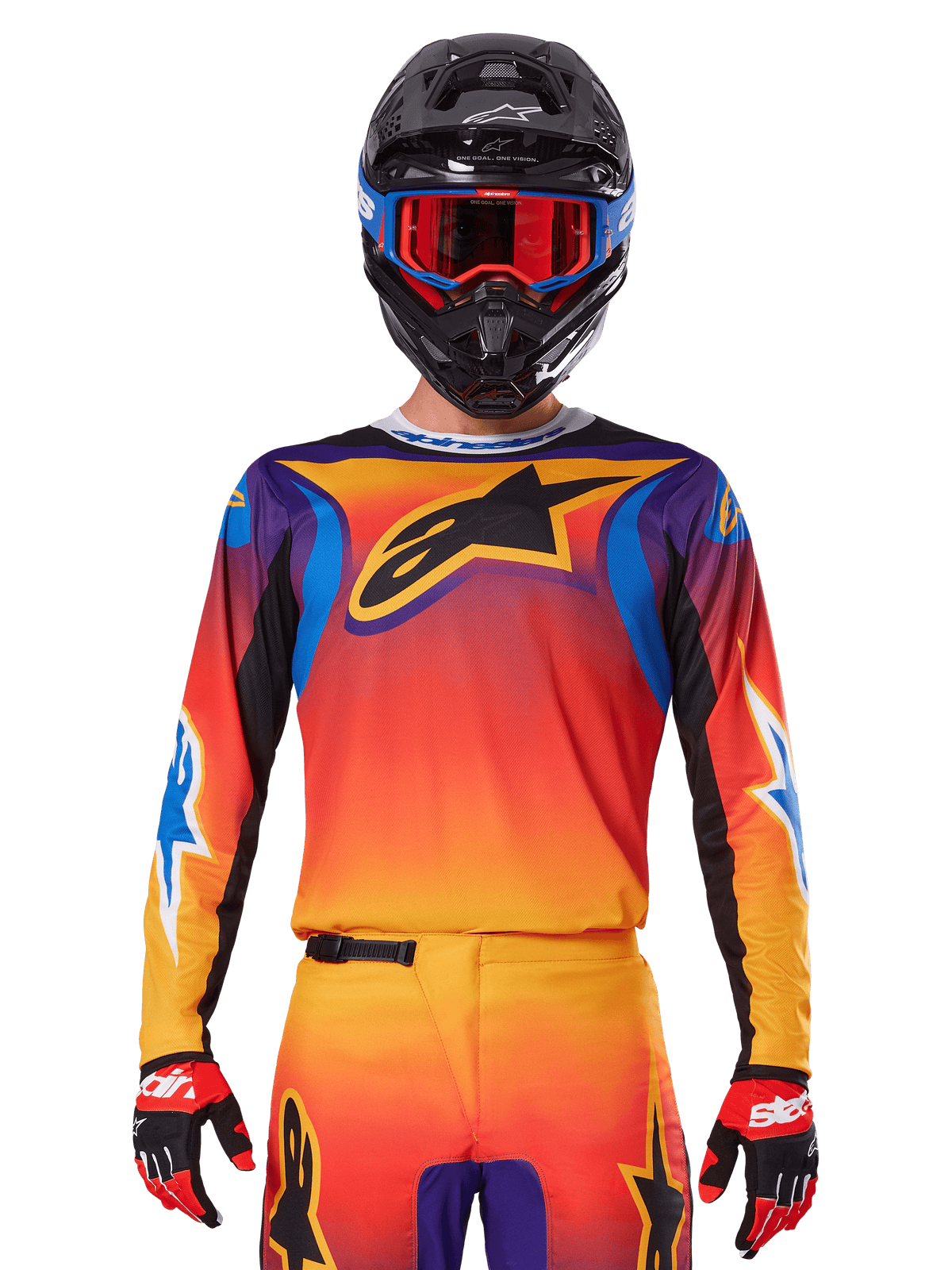 Alpinestars 2025 Fluid Wurx Jersey, Multicolor motocross jersey with orange and red gradient and purple accents, worn with matching gear, black helmet with blue and red goggles, and red gloves, featuring a large black star logo on the chest.