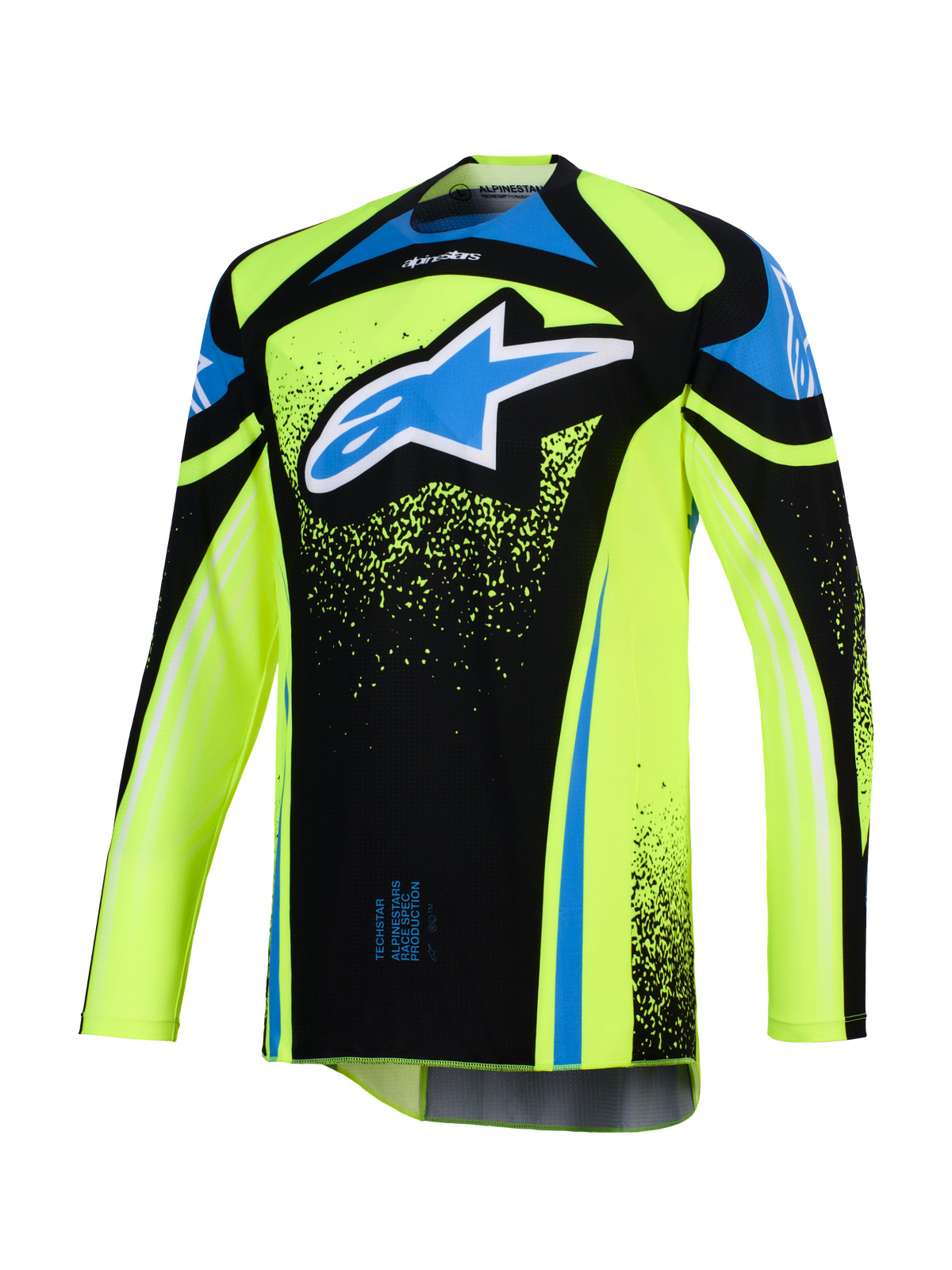 Alpinestars 2026 Techstar Nomur Jersey, Motocross Jersey, Fluo Yellow and Black with Blue accents, featuring a large blue and white Astar logo on the chest, splatter graphic details, long sleeves, athletic off-road racing gear
