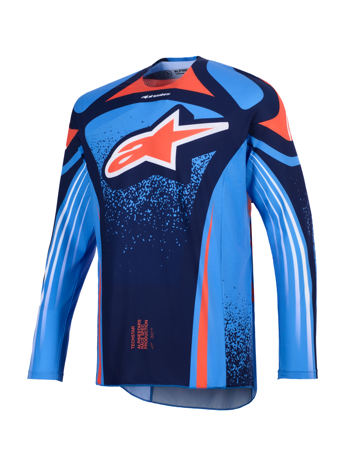 Alpinestars 2026 Techstar Nomur Jersey, Motocross Jersey, Dark Navy and UCLA Blue with Orange accents, featuring a large white Astars logo on the chest and white diagonal stripes on the long sleeves, lightweight athletic race fit for off-road performance