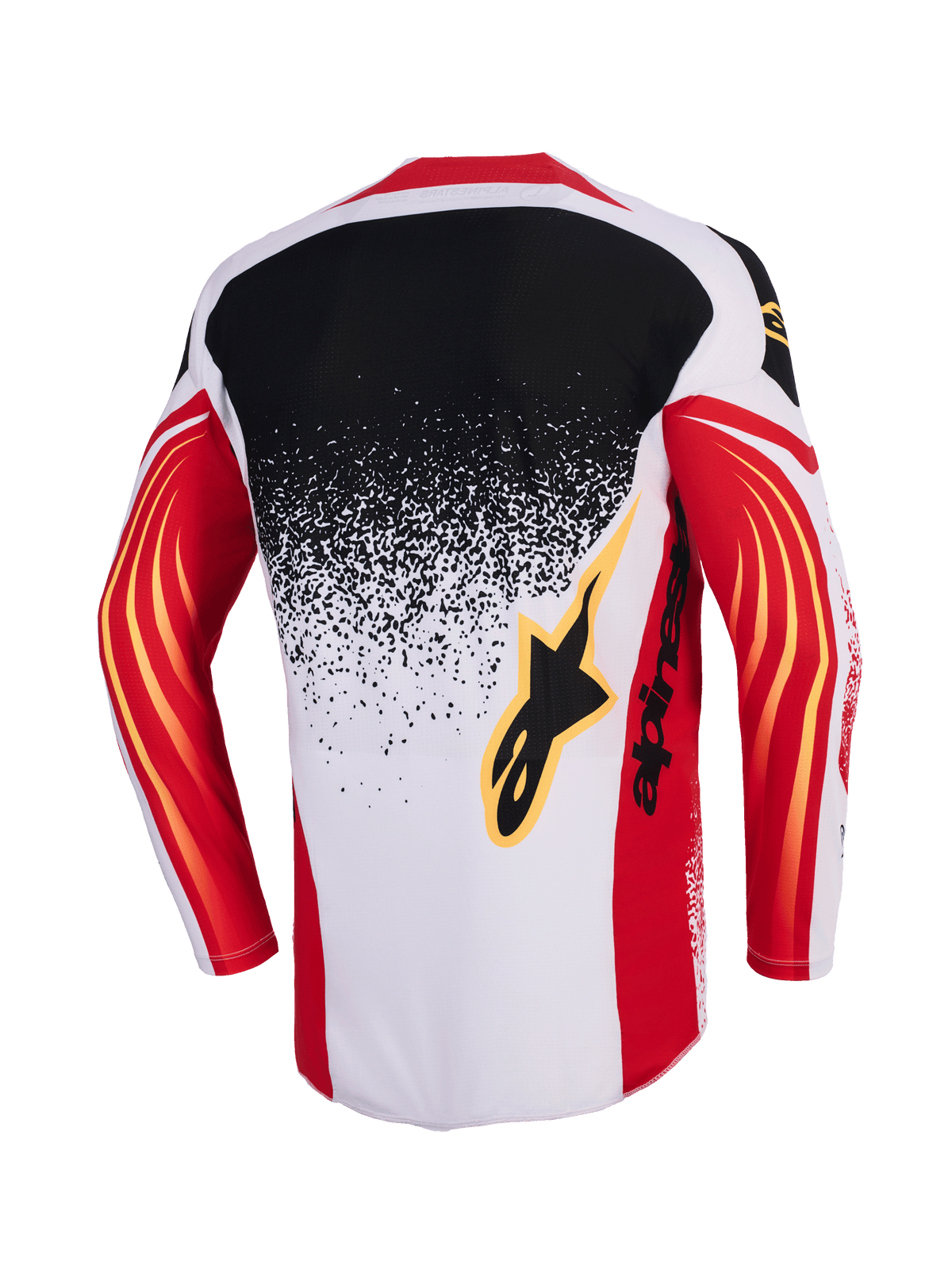 Alpinestars 2026 Techstar Nomur Jersey, Motocross Jersey, Light Gray Red and Black, back view featuring a black to light gray gradient splatter design, red sleeves with yellow curved accents, and black Alpinestars logo on the back.