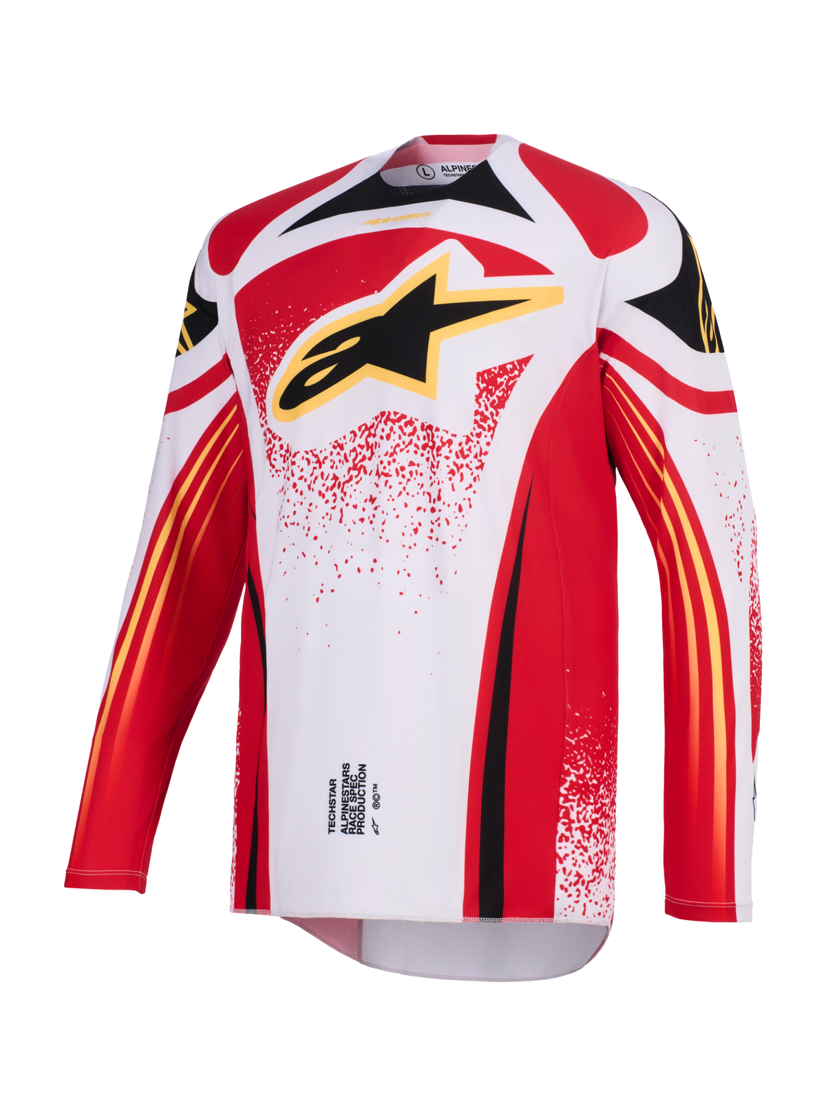 Alpinestars 2026 Techstar Nomur Jersey, Motocross Jersey, White Red and Black, featuring a large black Astar logo with yellow outline on the chest, athletic race fit with long sleeves and performance graphics for off-road racing.
