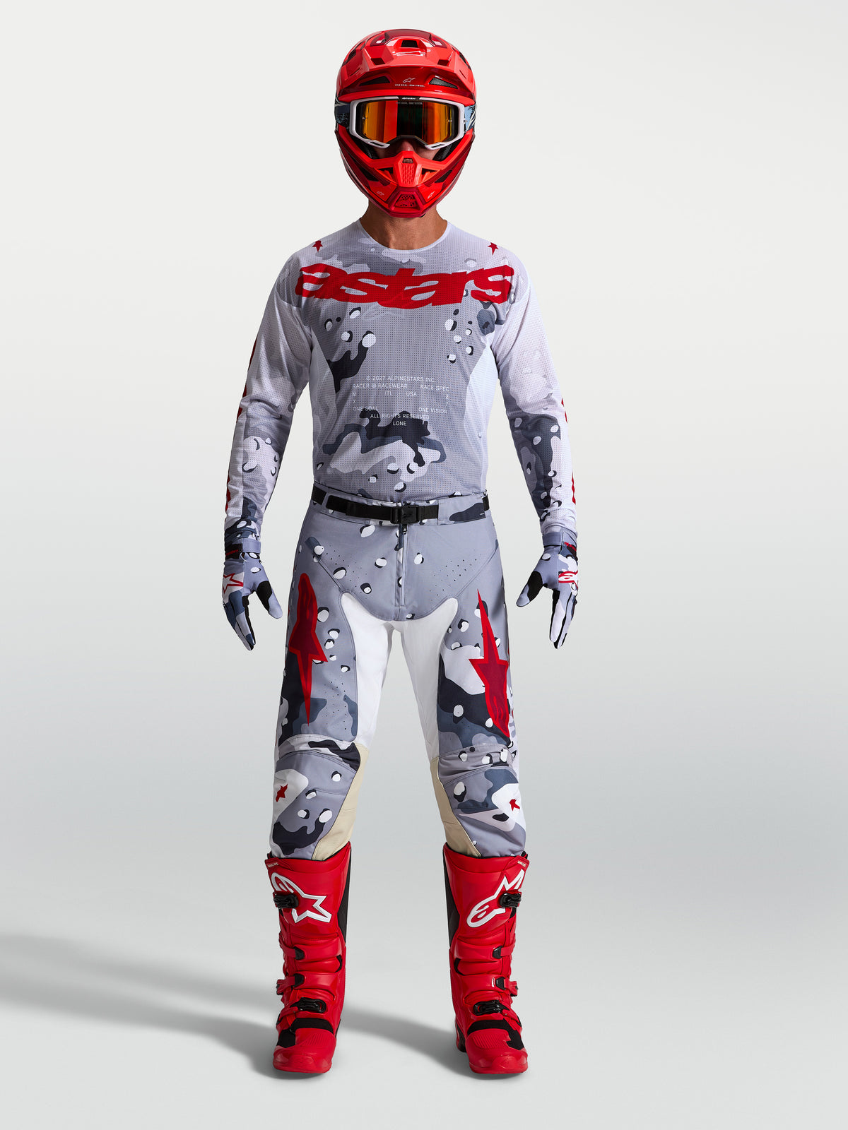 Alpinestars Racer Air Lone Jersey, men's motocross gear in gray camo and fire red with high-airflow breathable mesh.