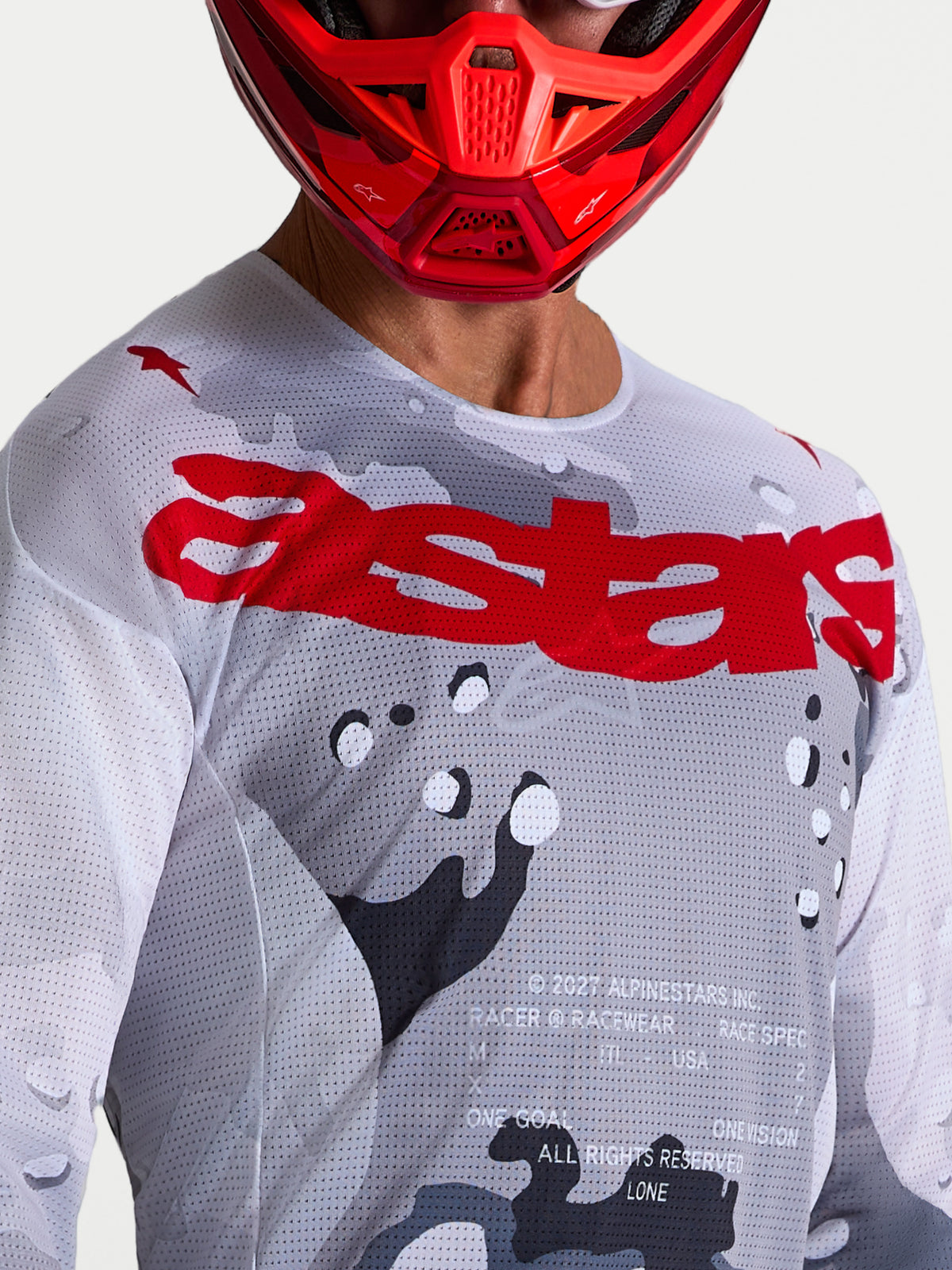 Alpinestars Racer Air Lone Jersey, Men's Motocross Jersey, Gray Camo and Fire Red, ventilated mesh construction.