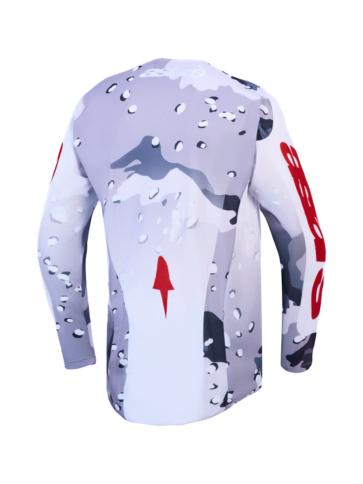 Alpinestars 2027 Racer Air Lone Jersey, Motocross Gear, Back View, Gray and White Camo with Red Accents, Ventilated Mesh.