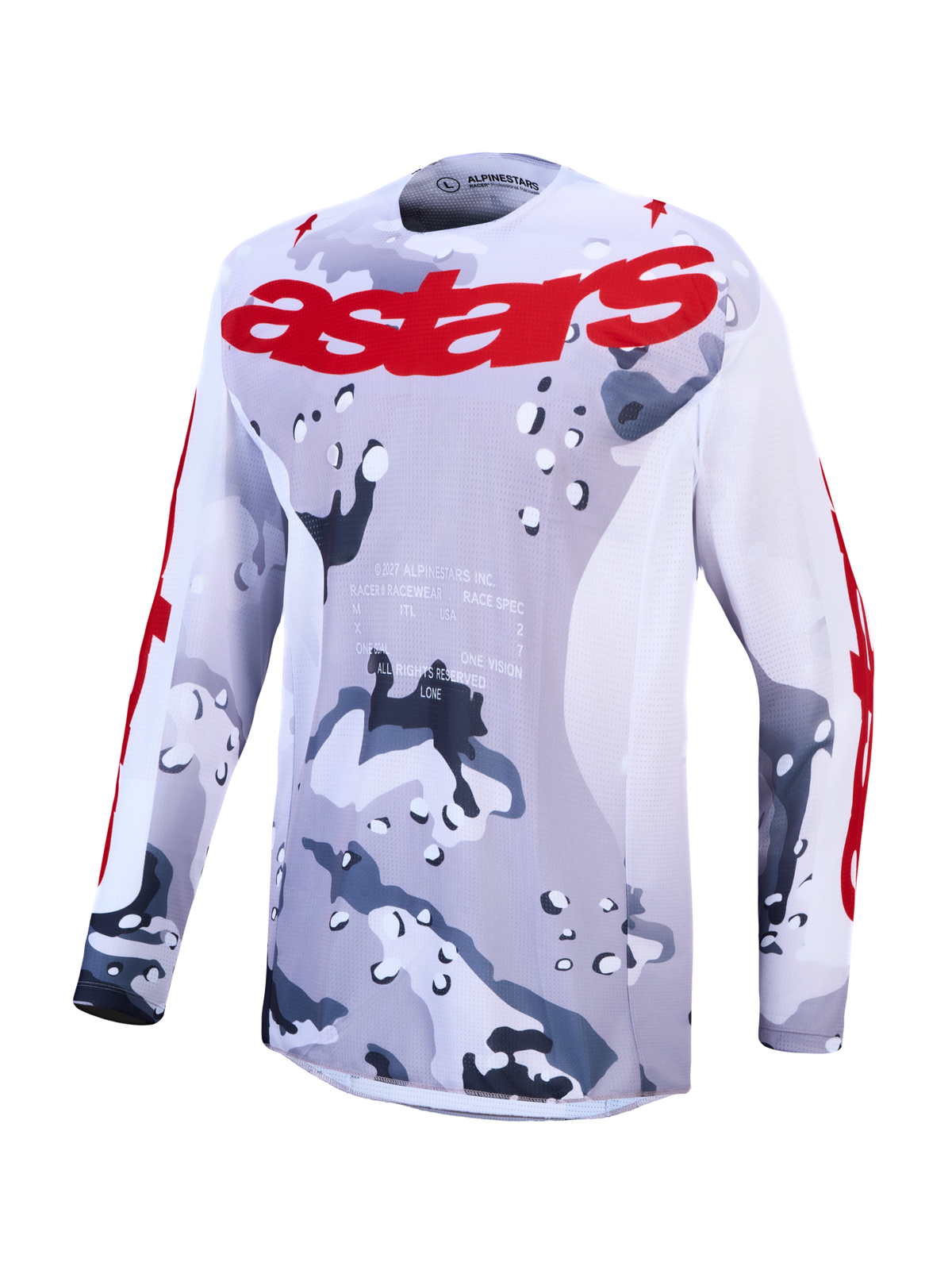 Alpinestars 2027 Racer Air Lone Motocross Jersey, gray camo and red design with ventilated mesh for off-road performance.