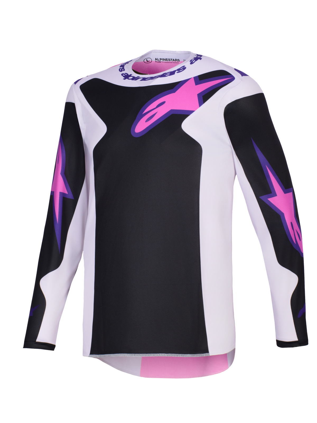 Alpinestars 2026 Fluid Grid Jersey, Motocross Jersey, Black, Light Gray, and Purple, featuring pink Astars logos on the chest and sleeves, black panels on a light gray base, long-sleeved athletic fit for off-road riding.