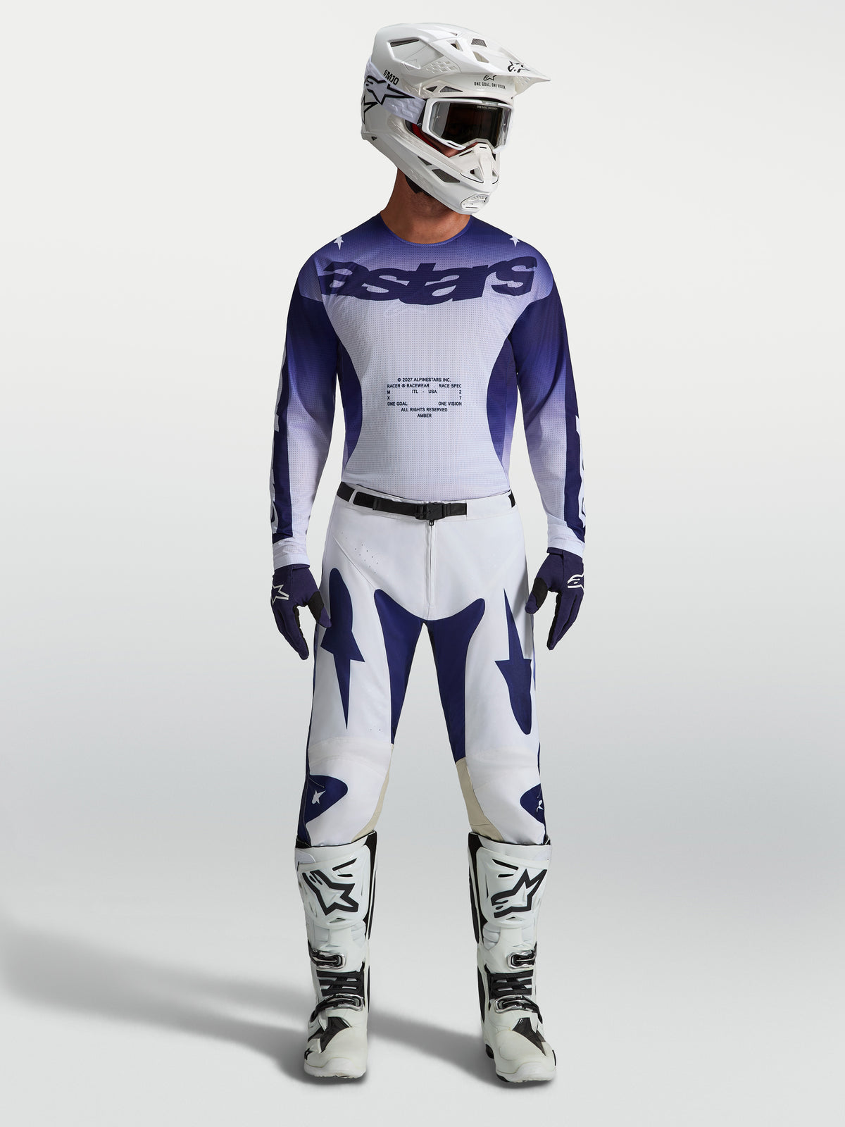 Alpinestars 2027 Racer Air Amber Jersey and Gear Set, men's blue and white motocross kit with jersey, pants, and boots.