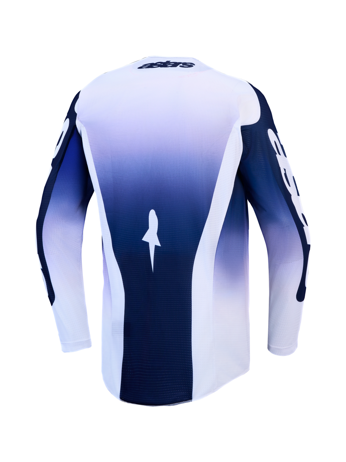 Alpinestars Racer Air Amber Jersey, blue and white motocross jersey, back view, breathable mesh, extended rear hem.
