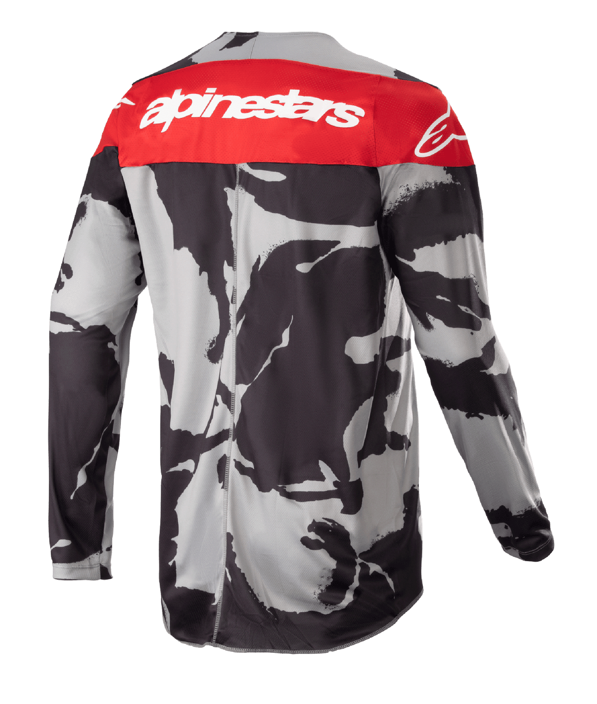 Alpinestars 2023 Racer Tactical Jersey, Motocross Jersey, Cast Gray Camo and Mars Red, back view featuring a red upper panel with white Alpinestars logo and a gray-black camouflage pattern, lightweight off-road performance apparel