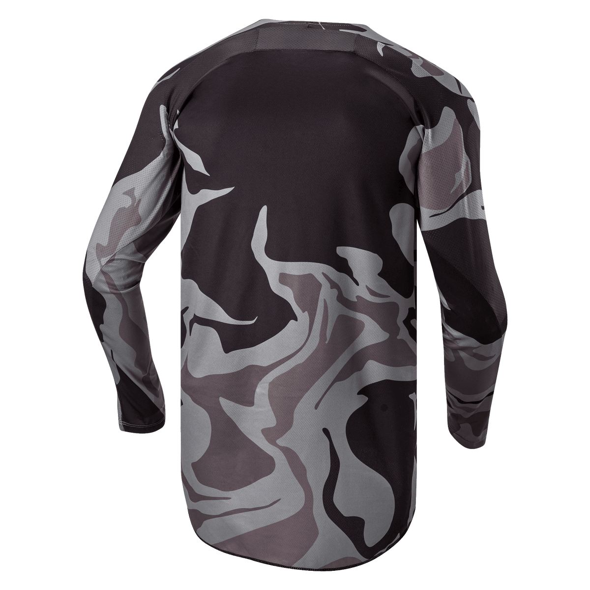 Alpinestars 2024 Racer Tactical Jersey, Motocross Jersey, Cast Gray Camo Magnet, Rear view showing gray and black camouflage pattern, breathable fabric, and an extended back hem for coverage