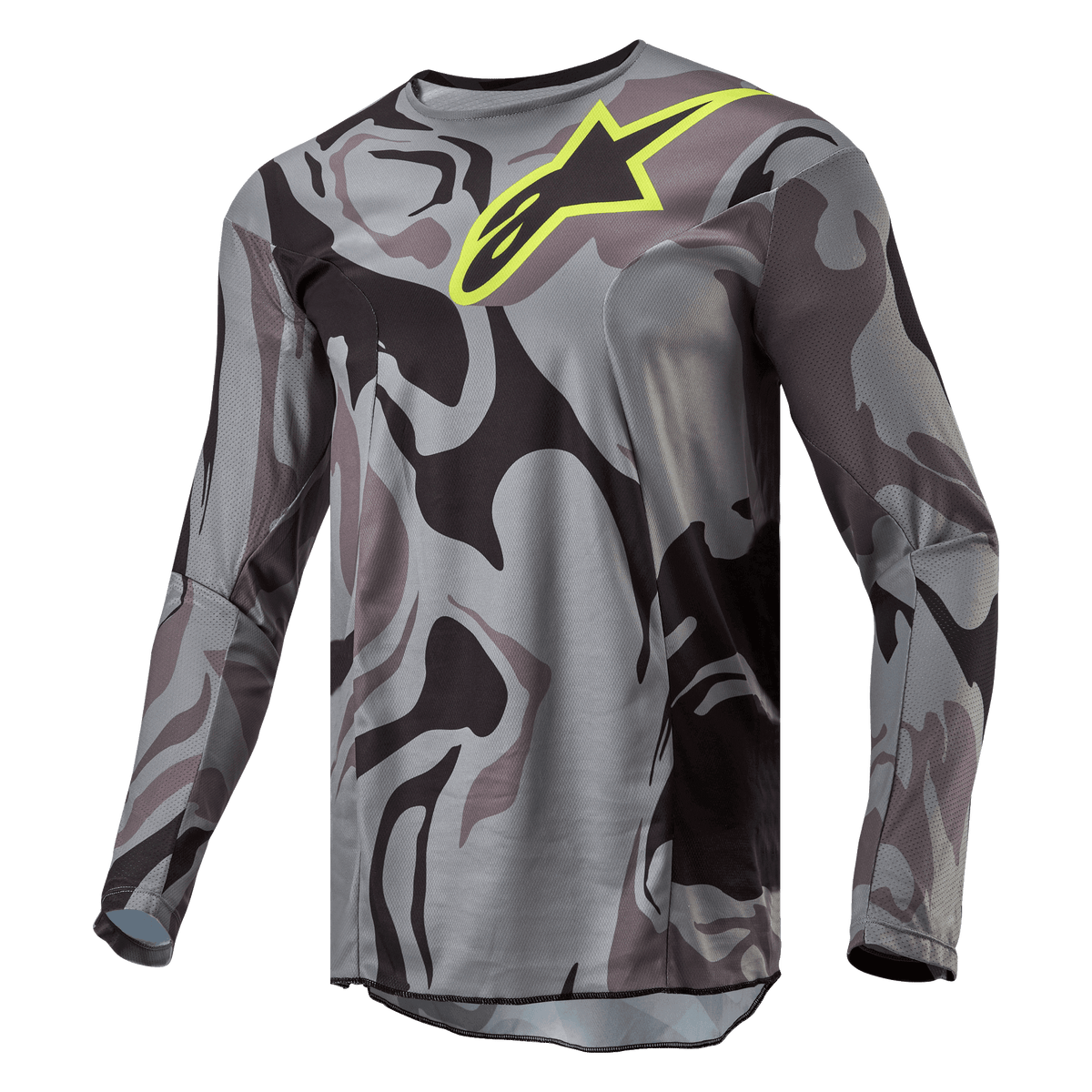 Alpinestars 2024 Racer Tactical Jersey, Motocross Jersey, Cast Gray Camo Magnet, gray and black camouflage pattern with a bright yellow Alpinestars logo on the chest, long sleeves, performance off-road riding gear