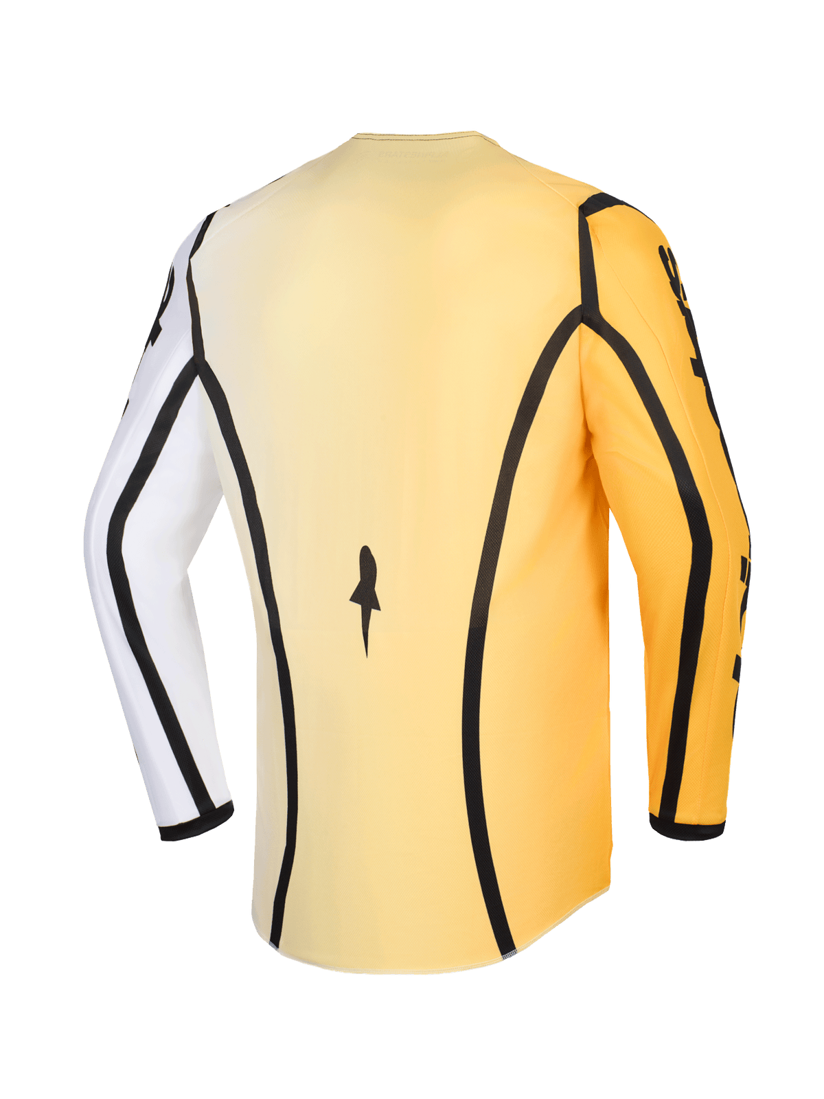 Alpinestars 2026 Fluid Apex Jersey, Motocross Jersey, Yellow White and Black, back view featuring black piping accents, one white sleeve and one yellow sleeve, with an extended rear hem for off-road riding coverage.