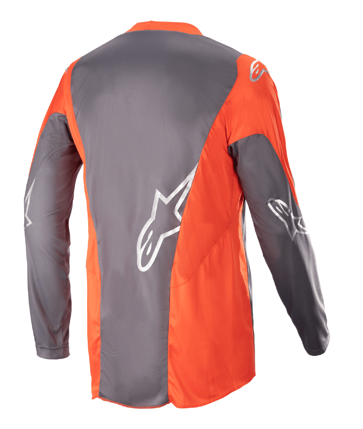 Alpinestars 2023 Racer Hoen Jersey, Motocross Jersey, Magnet Hot Orange, back view showing grey and orange panels with silver Astars logos on the sleeves and back, performance off-road apparel