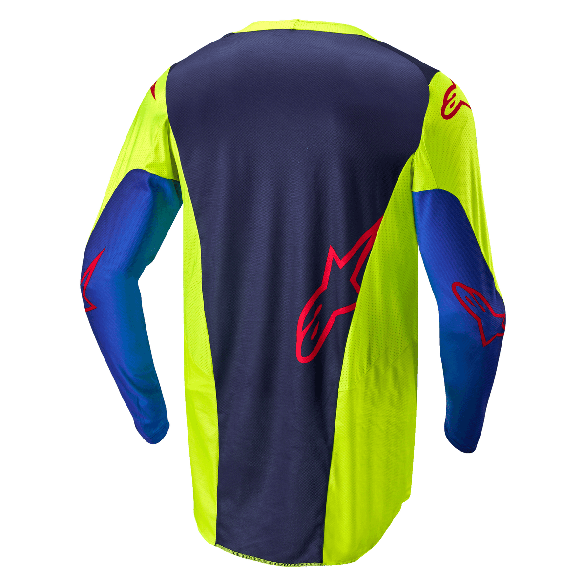 Alpinestars 2024 Racer Hoen Jersey, Motocross Jersey, Yellow Fluo and Blue Night Navy, back view showing dark blue central panel with red logo, bright yellow side sections, long sleeves, and breathable mesh fabric designed for off-road performance.