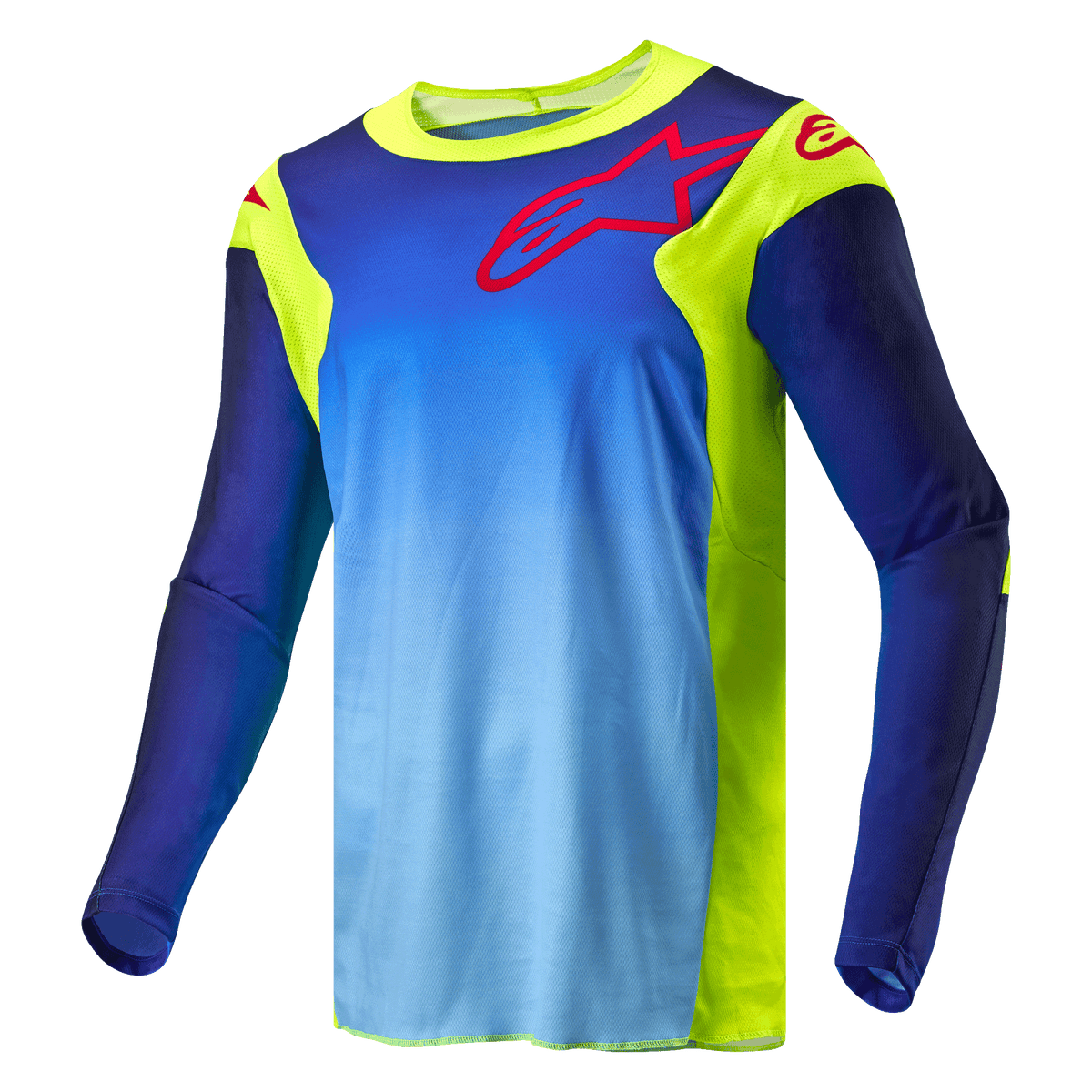 Alpinestars 2024 Racer Hoen Jersey, Motocross Jersey, Yellow Fluo and Blue Night Navy, featuring a blue gradient body with fluorescent yellow panels, red Alpinestars logo on the chest and shoulders, long-sleeved technical off-road gear.