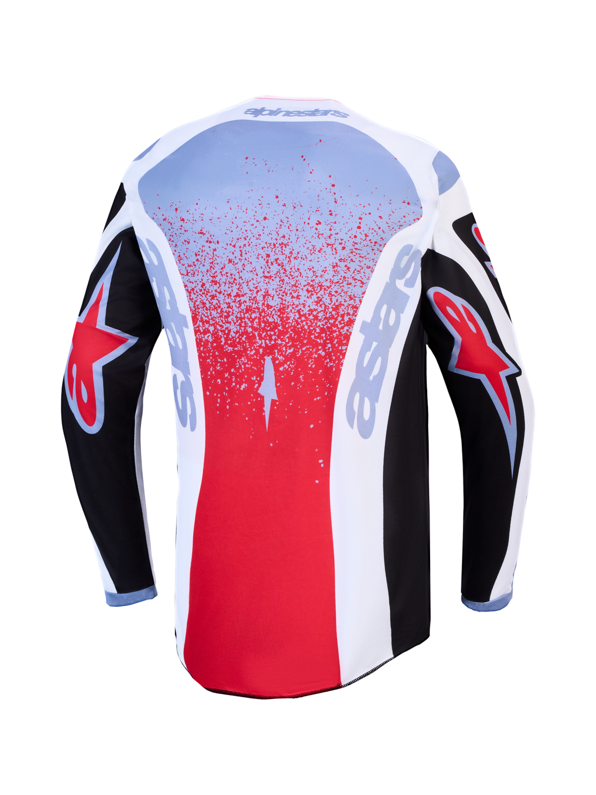 Alpinestars 2027 Fluid Drag Jersey, black and red motocross racing jersey for men, back view with moisture-wicking fabric.