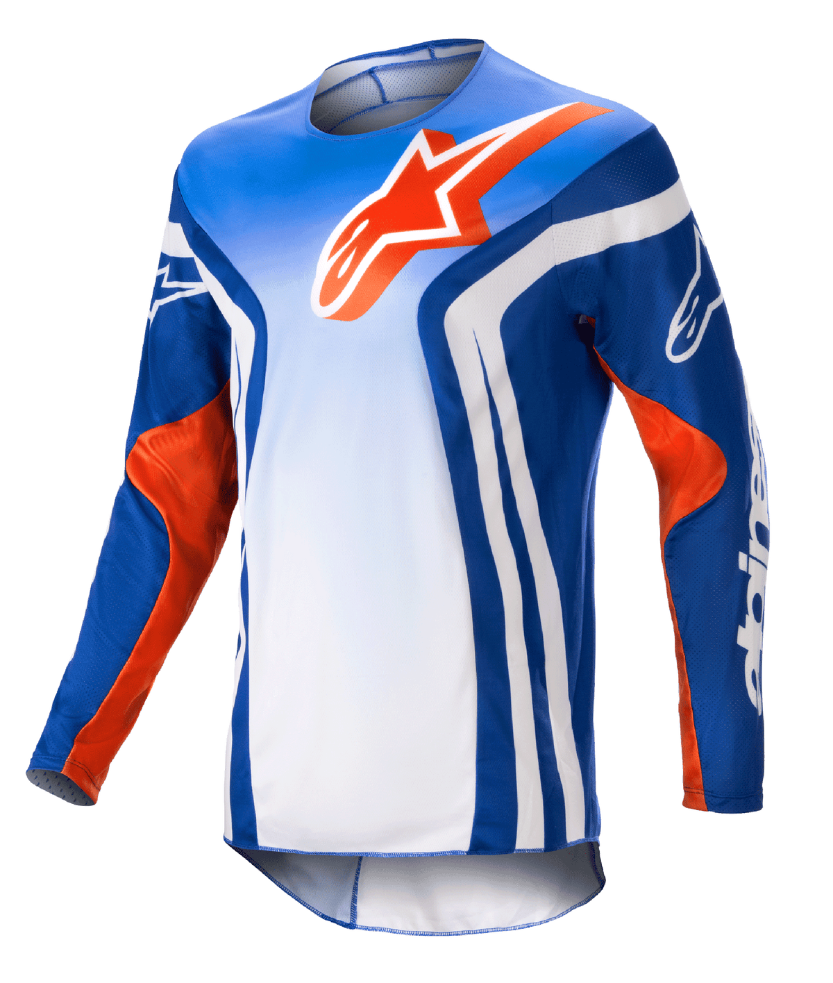 Alpinestars 2023 Racer Semi Jersey, long-sleeve motocross jersey, Blue and White gradient with Hot Orange accents, large orange Alpinestars logo on chest, bold white vertical stripes on the sides, lightweight moisture-wicking fabric for off-road riding
