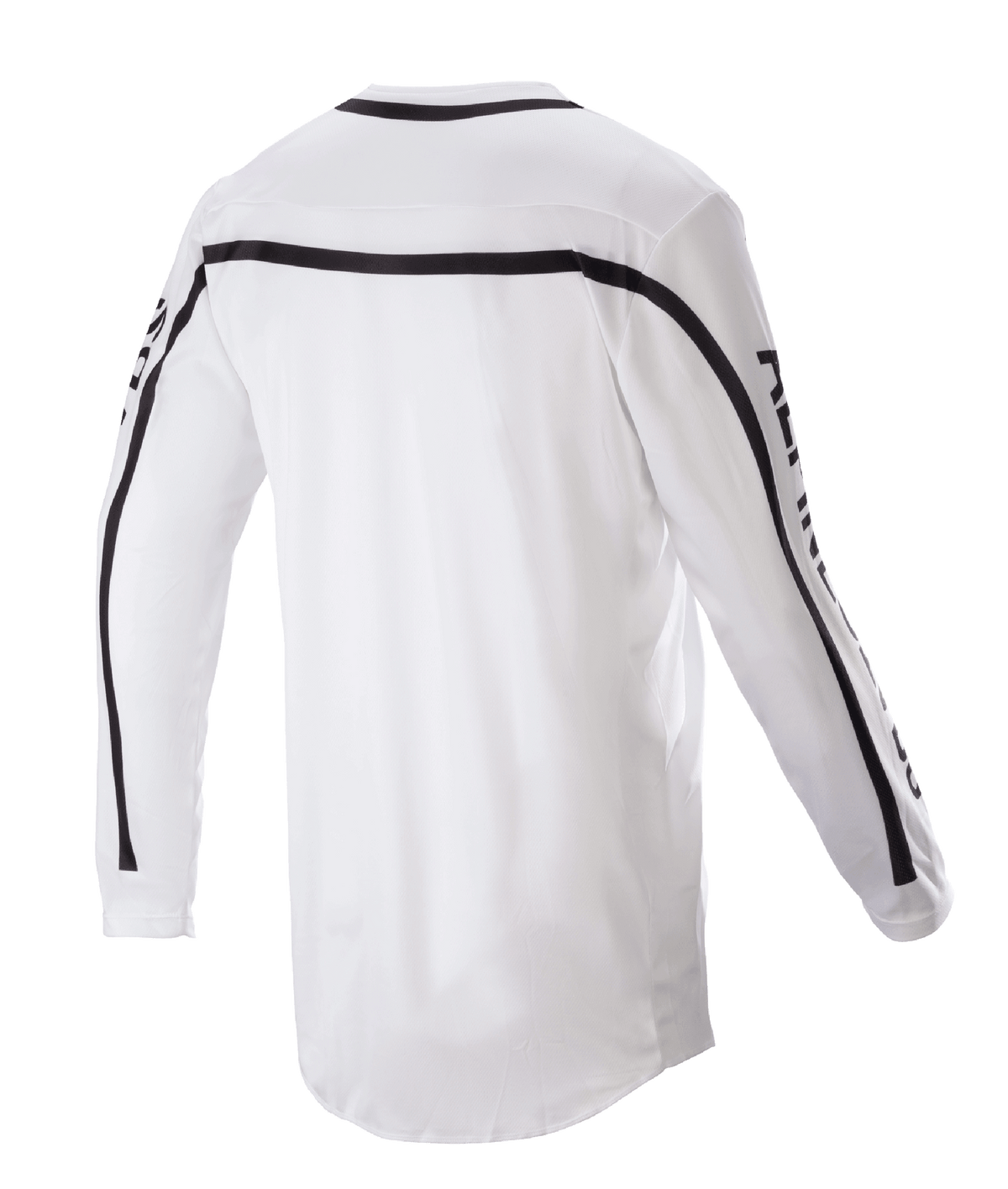 Alpinestars 2023 Racer Found Jersey, Motocross Jersey, White, Back view featuring black stripes across shoulders and sleeves, dropped tail hem for coverage, lightweight poly-fabric construction