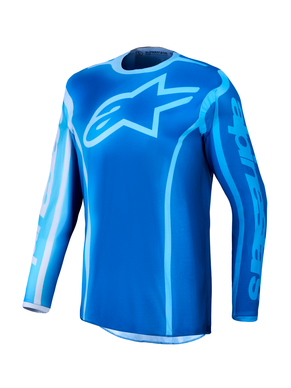 Alpinestars 2027 Fluid Kepler Jersey, blue motocross jersey with moisture-wicking textile and a large chest star logo.