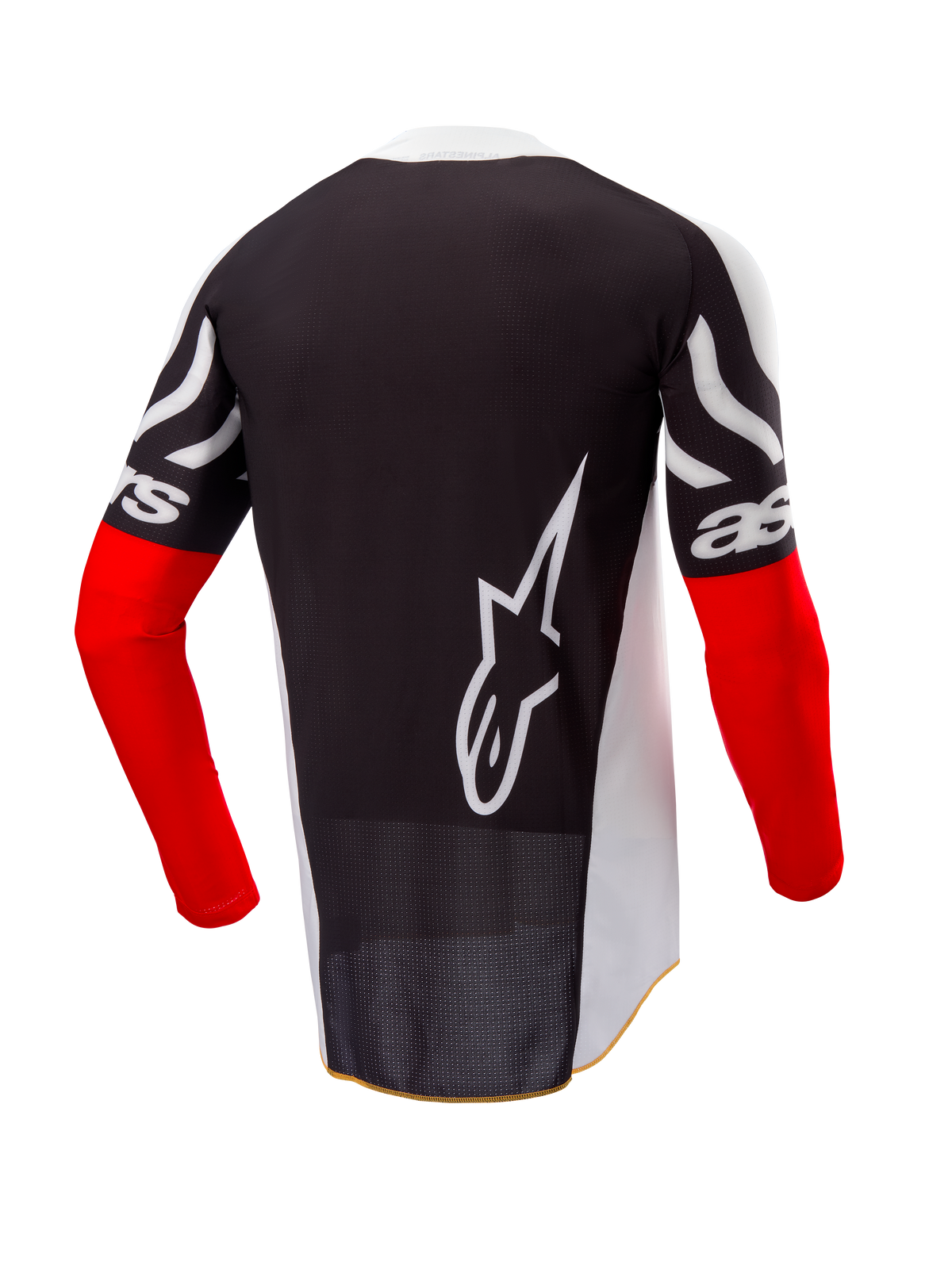 Alpinestars Limited Edition Techstar Deep Jersey, Motocross Jersey, Back View, Black and White with High Red sleeves, large white Alpinestars logo on the back, athletic race fit with perforated poly-fabric