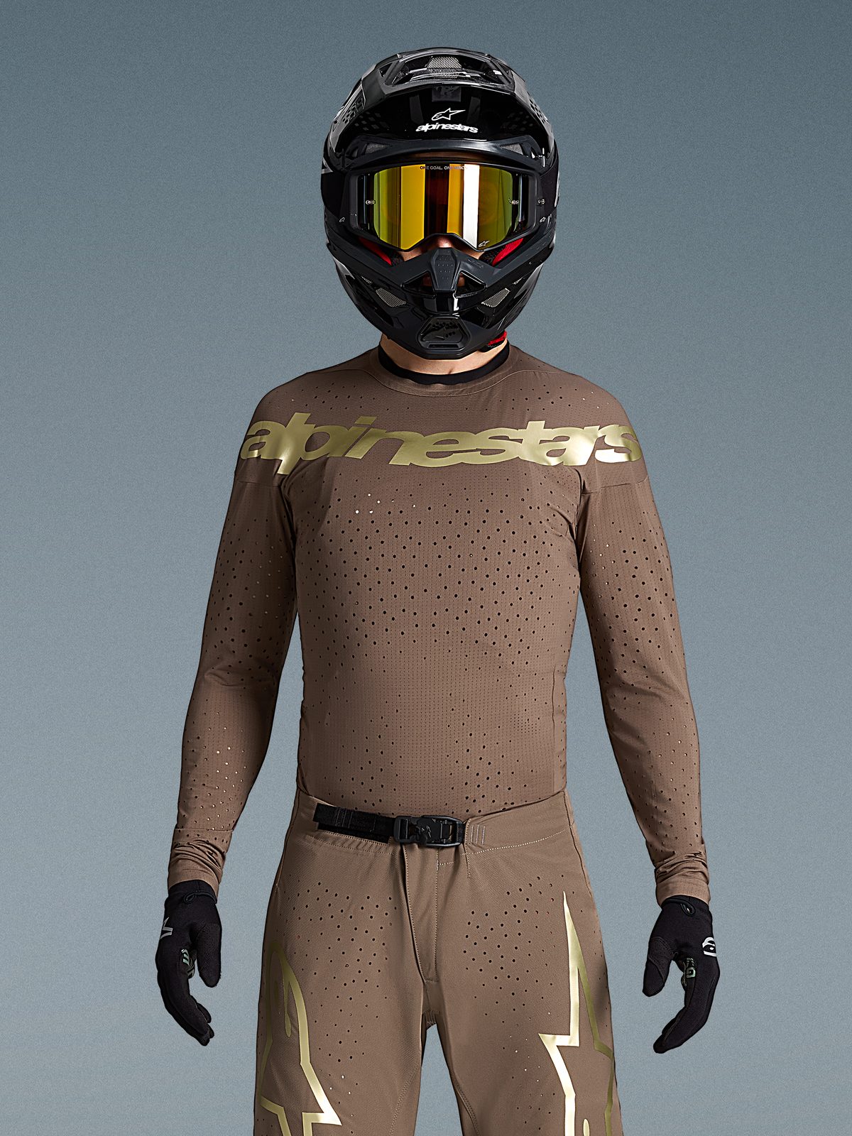 Alpinestars Limited Edition Supertech Air Gold Gear Set, Men's Motocross Kit, Earth Brown Gold with laser-cut jersey vents.