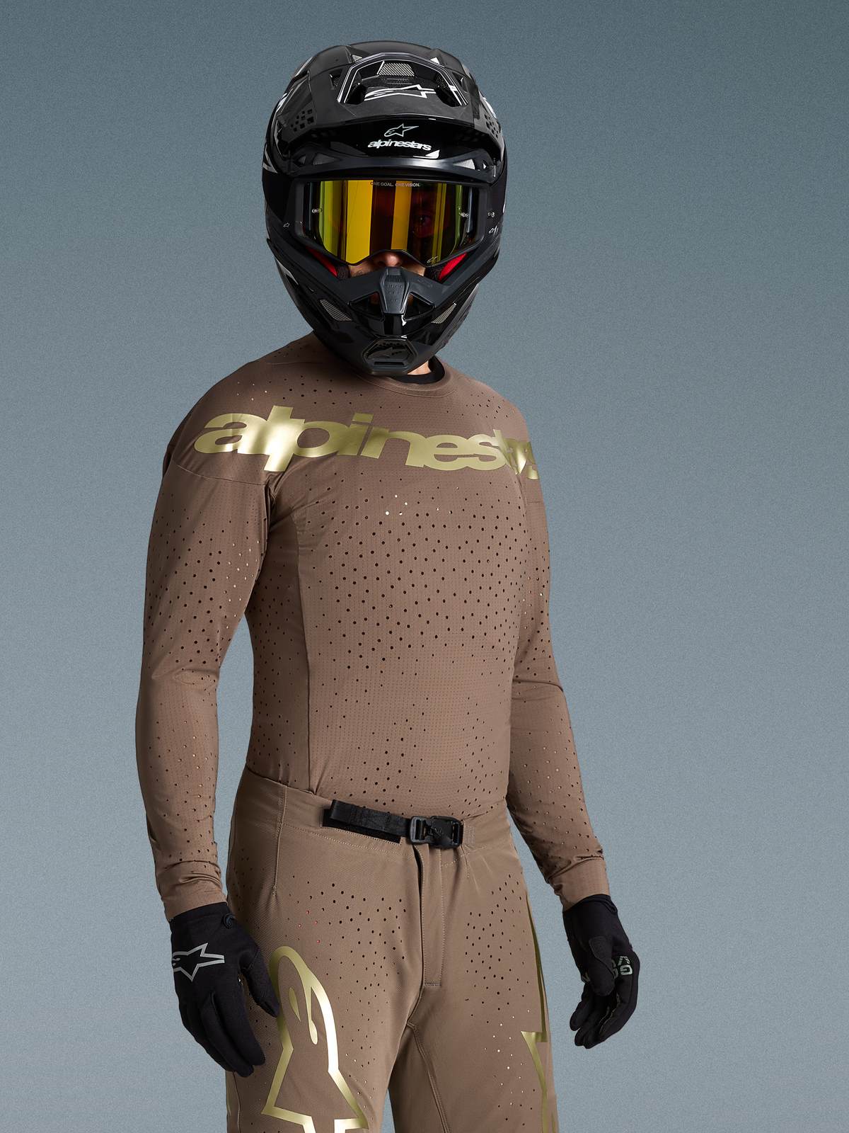 Alpinestars Limited Edition Supertech Air Gold Jersey, Men's Motocross Jersey, Earth Brown and Gold, ventilated athletic fit.